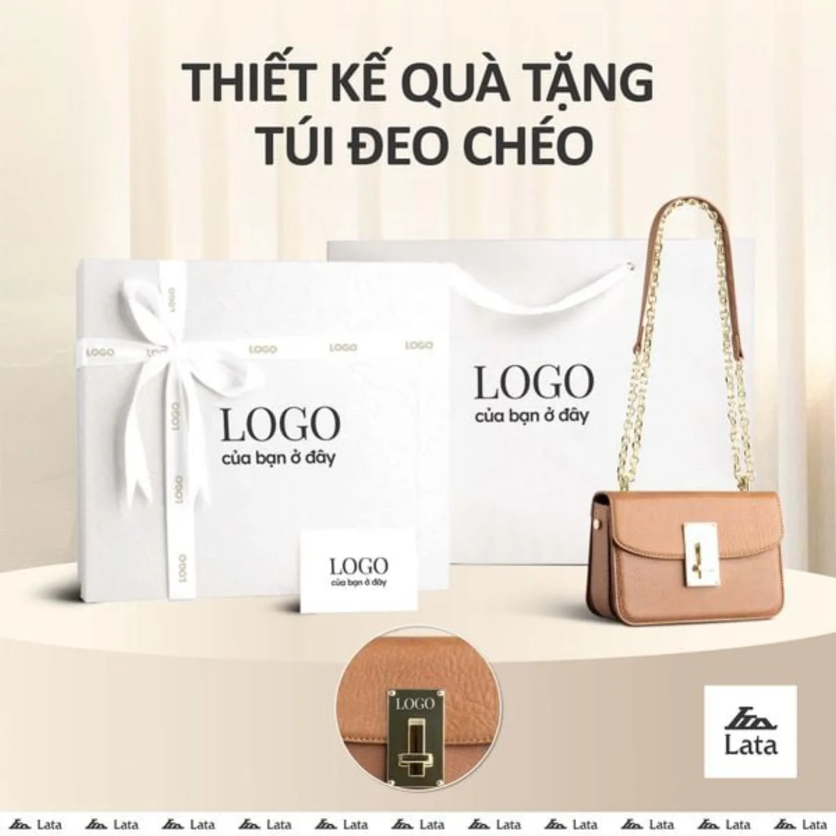 Bộ hộp quà trắng LATA (Túi đeo chéo nữ LATA HN112 + Hộp quà HQ2T + Túi giấy TG2T + Túi rút BVR3838 + Thiệp cảm ơn BT1)