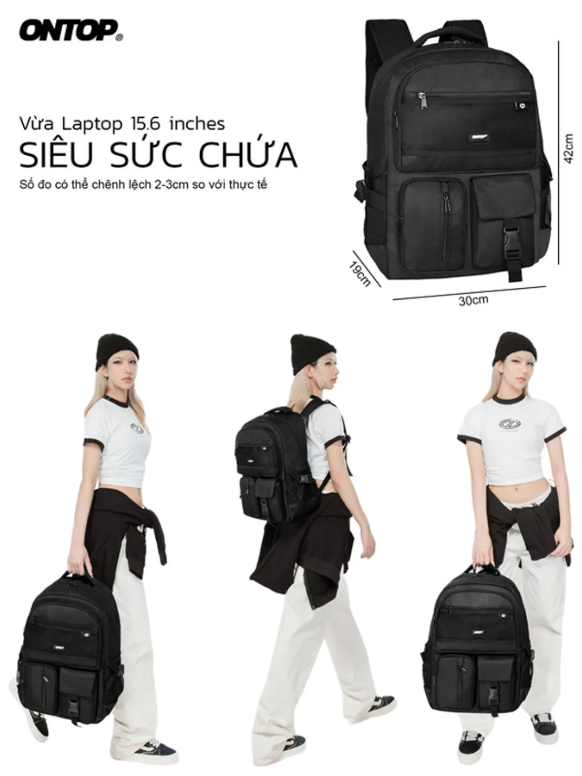 Balo da trắng đen local brand ONTOP nhiều ngăn đựng vừa laptop 14.3inches Basic Leather Backpack with Plaid Print |O-P55