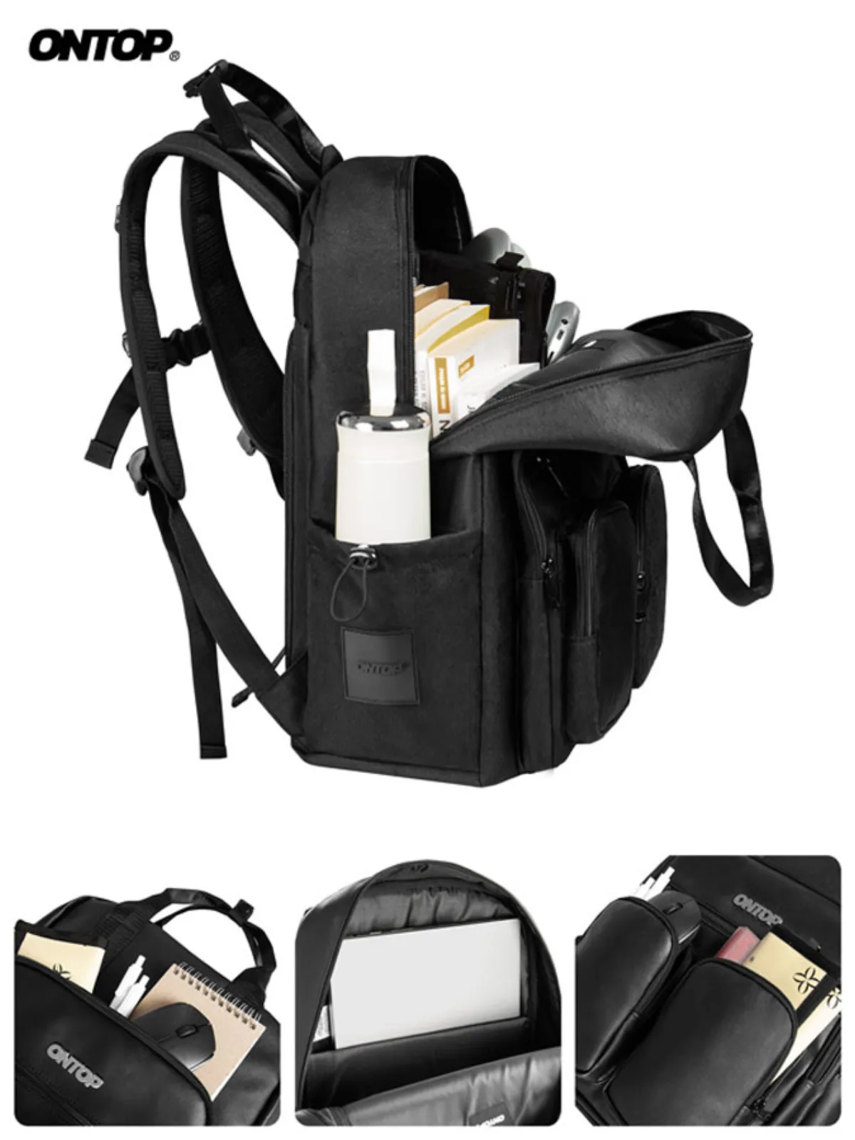Balo đi học màu đen nam nữ ONTOP nhiều ngăn, vải canvas, da Triple Box Backpack Pos-Pro local brand |  O-P63