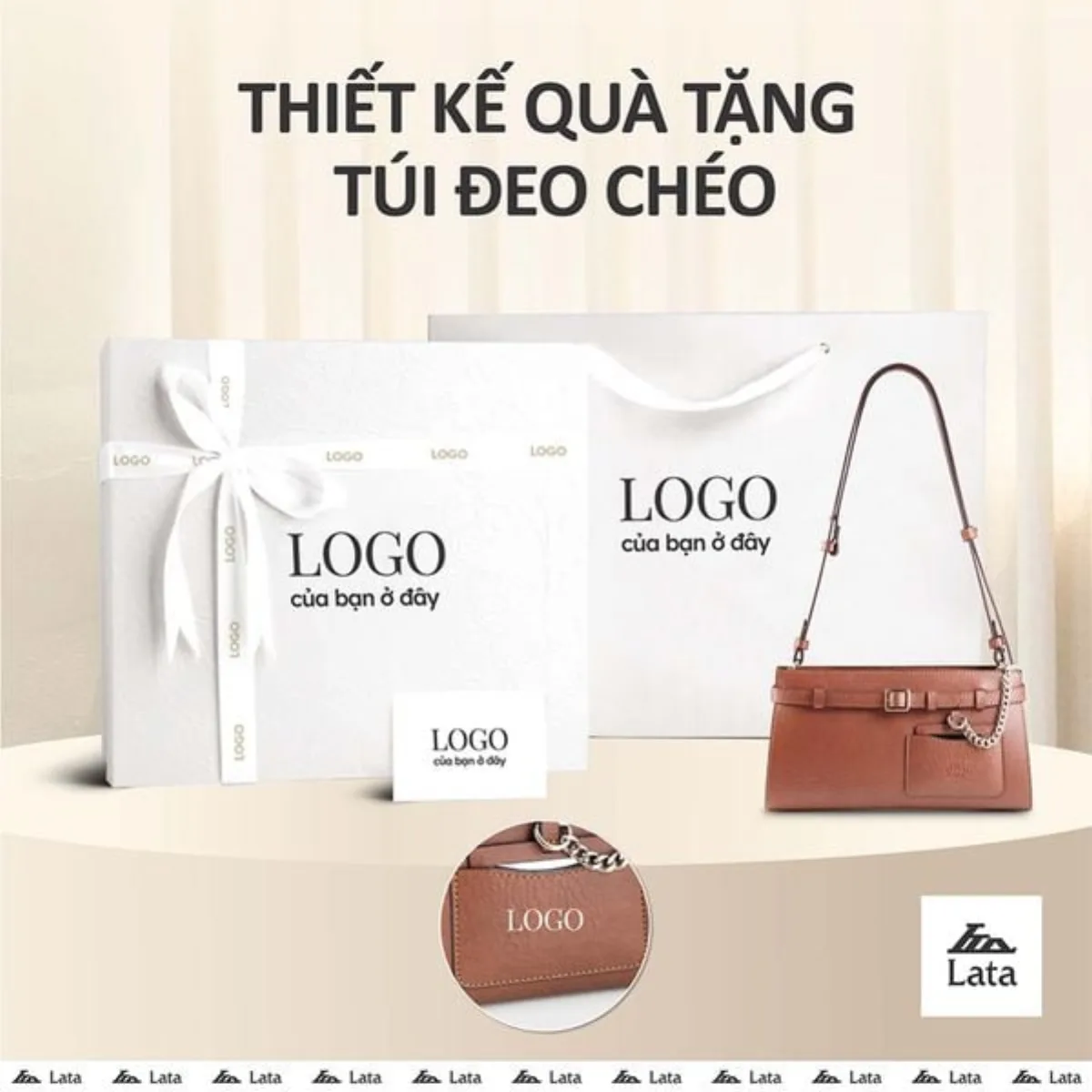 Bộ hộp quà trắng LATA (Túi đeo chéo nữ LATA HN148 + Hộp quà HQ2T + Túi giấy TG2T + Túi rút BVR3838 + Thiệp cảm ơn BT1)