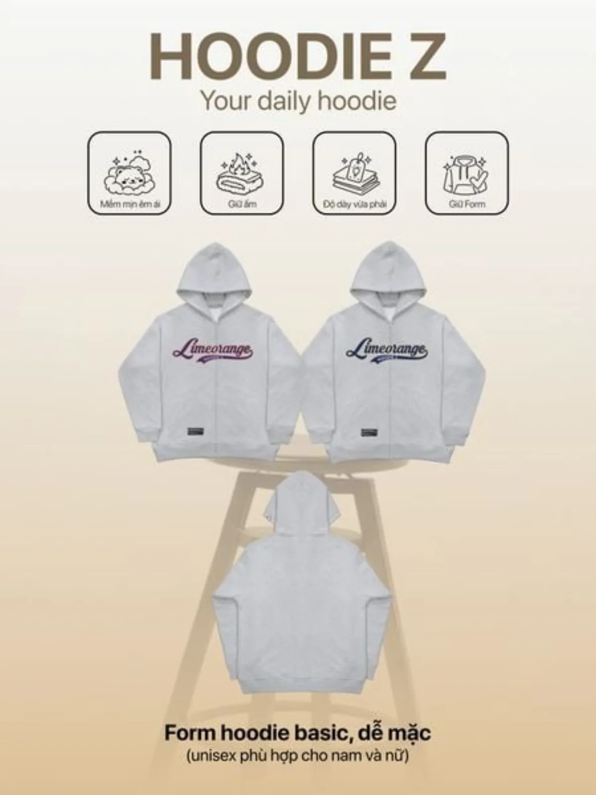 Áo Khoác Unisex LIMEORANGE Hoodie Z Áo Khoác Đôi mềm mịn dày dặn OU26087101