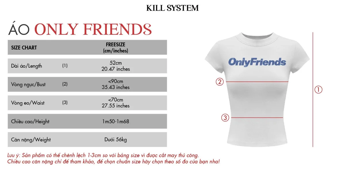 Áo thun babytee ôm body in chữ ONLY FRIENDS - 𝐊𝐈𝐋𝐋 𝐒𝐘𝐒𝐓𝐄𝐌