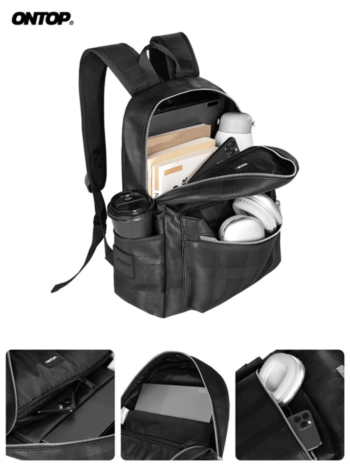 Balo da trắng đen local brand ONTOP nhiều ngăn đựng vừa laptop 14.3inches Basic Leather Backpack with Plaid Print |O-P55