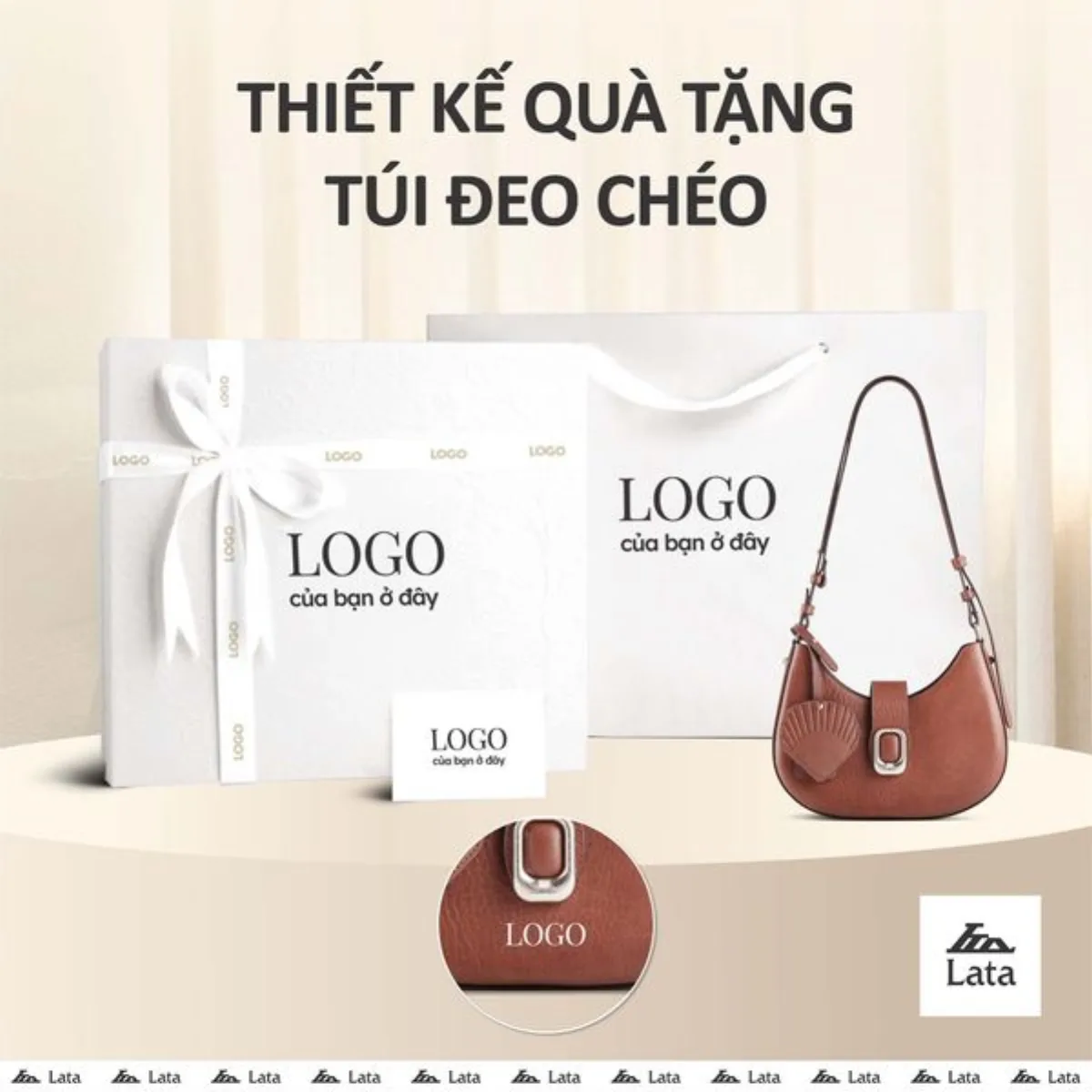 Bộ hộp quà trắng LATA (Túi đeo chéo nữ LATA HN146 + Hộp quà HQ2T + Túi giấy TG2T + Túi rút BVR3838 + Thiệp cảm ơn BT1)