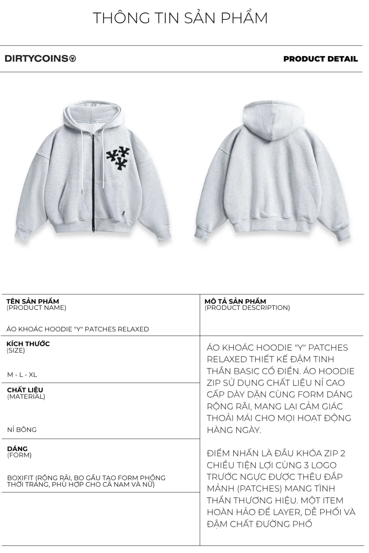 Áo Khoác DirtyCoins Hoodie “Y” Patches Relaxed