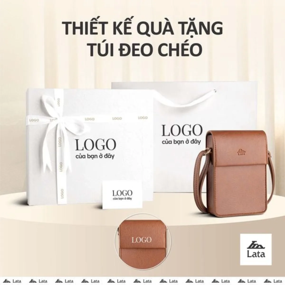 Bộ hộp quà trắng LATA (Túi đeo chéo nữ LATA HN121 + Hộp quà HQ2T + Túi giấy TG2T + Túi rút BVR3838 + Thiệp cảm ơn BT1)