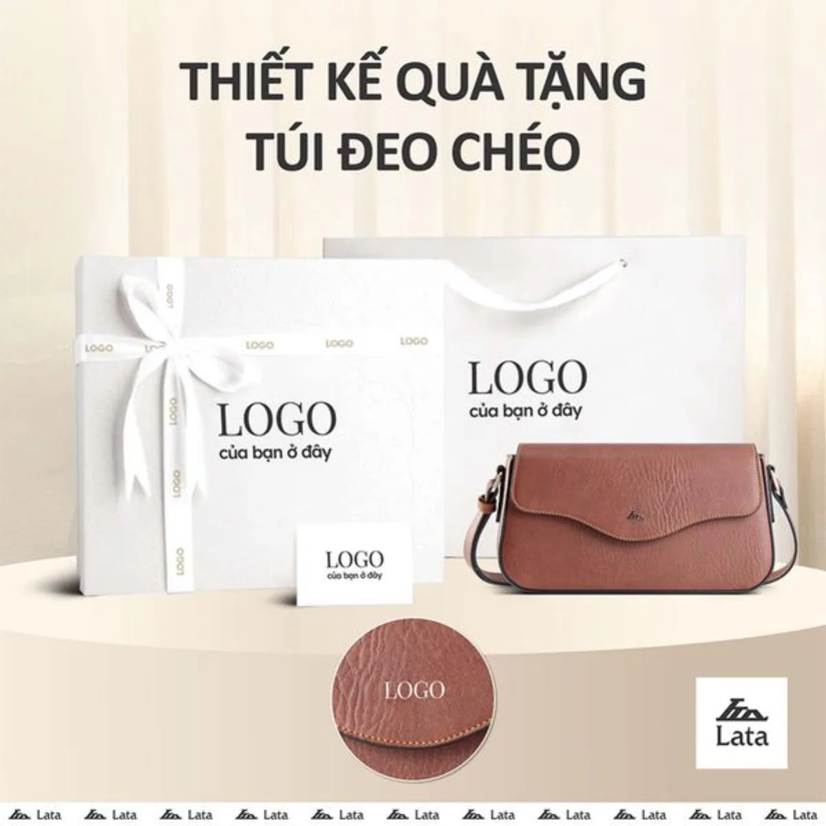 Bộ hộp quà trắng LATA (Túi đeo chéo nữ LATA HN143 + Hộp quà HQ2T + Túi giấy TG2T + Túi rút BVR3838 + Thiệp cảm ơn BT1)