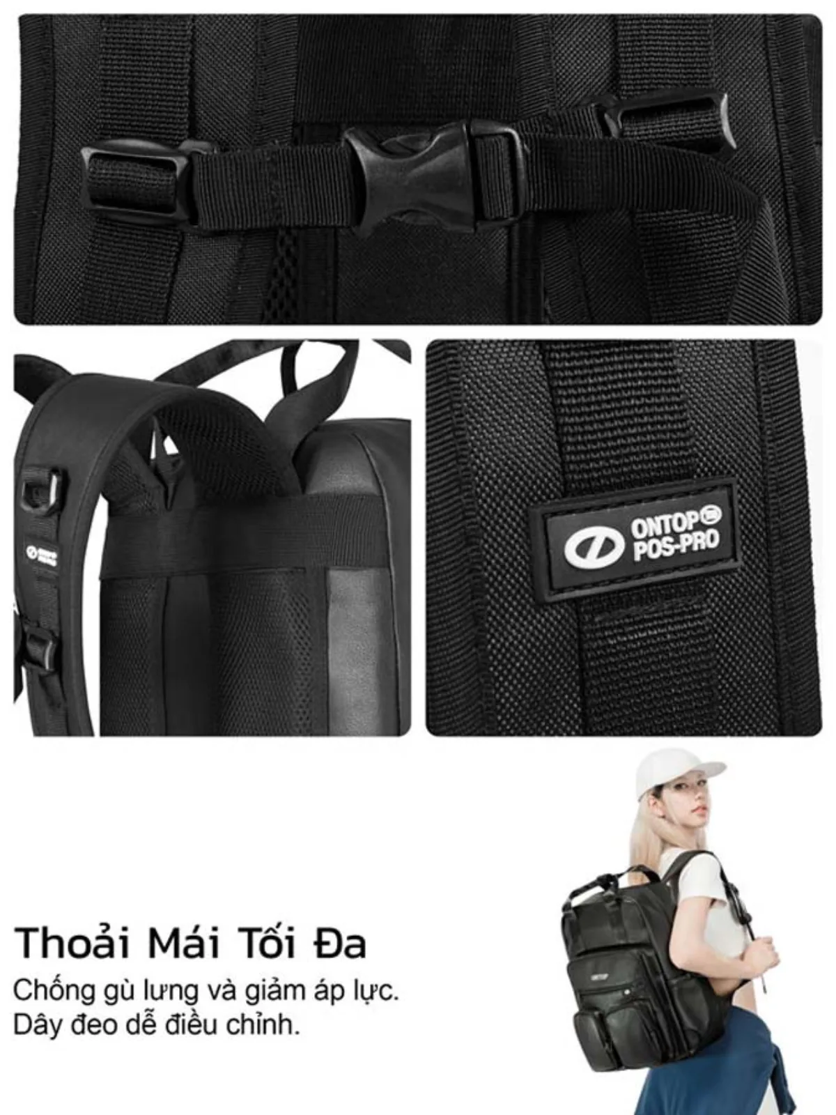 Balo đi học màu đen nam nữ ONTOP nhiều ngăn, vải canvas, da Triple Box Backpack Pos-Pro local brand |  O-P63