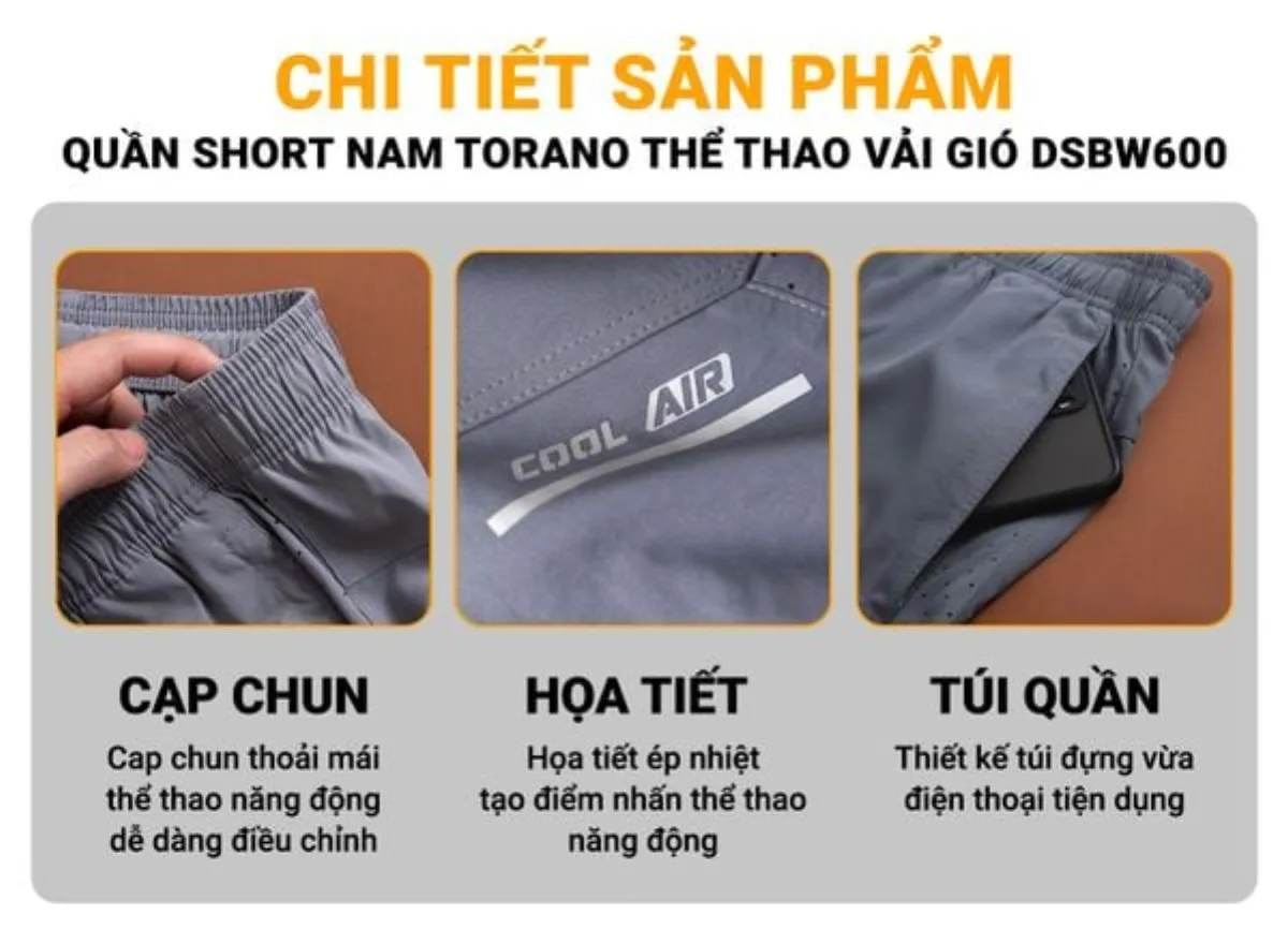 Quần short nam COOL AIR SHORTS TORANO thể thao vải gió, thoải mái, chuẩn phom, siêu nhẹ DSBW600