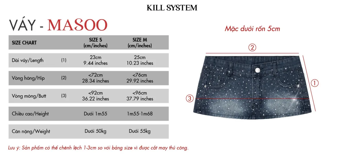 Chân váy jeans cạp trễ đính đá lấp lánh MASOO - 𝐊𝐈𝐋𝐋 𝐒𝐘𝐒𝐓𝐄𝐌