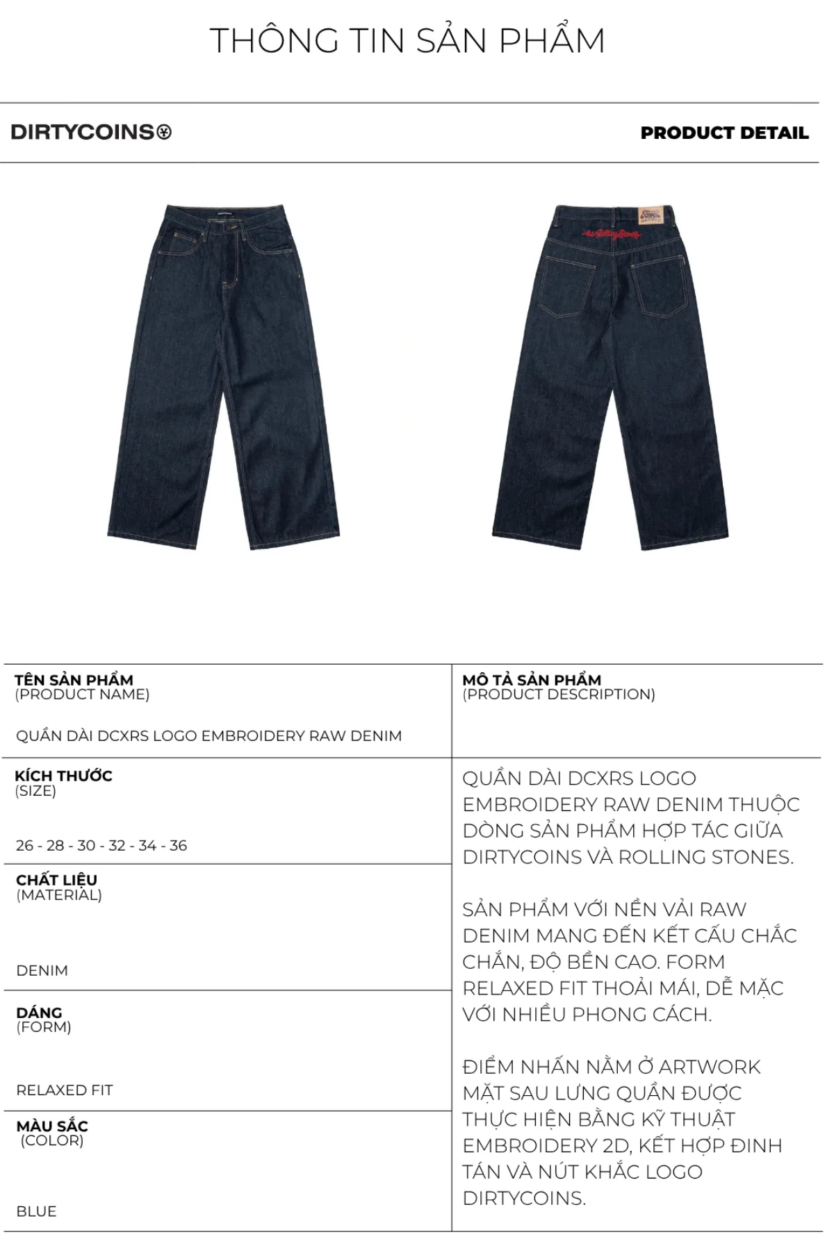 Quần Dài DirtyCoins Logo Embroidery Raw Denim