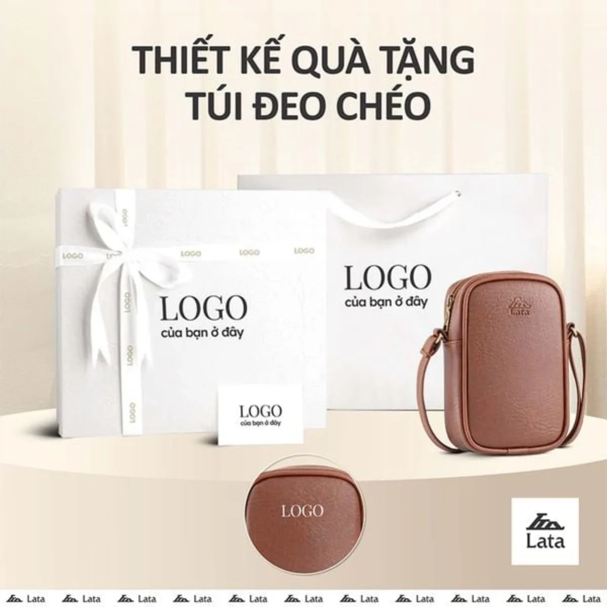 Bộ hộp quà trắng LATA (Túi đeo chéo nữ LATA HN124 + Hộp quà HQ2T + Túi giấy TG2T + Túi rút BVR3838 + Thiệp cảm ơn BT1)