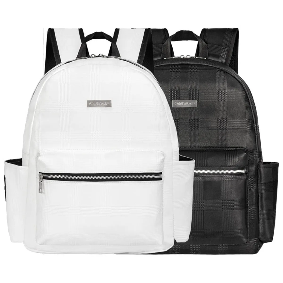 Balo da trắng đen local brand ONTOP nhiều ngăn đựng vừa laptop 14.3inches Basic Leather Backpack with Plaid Print |O-P55