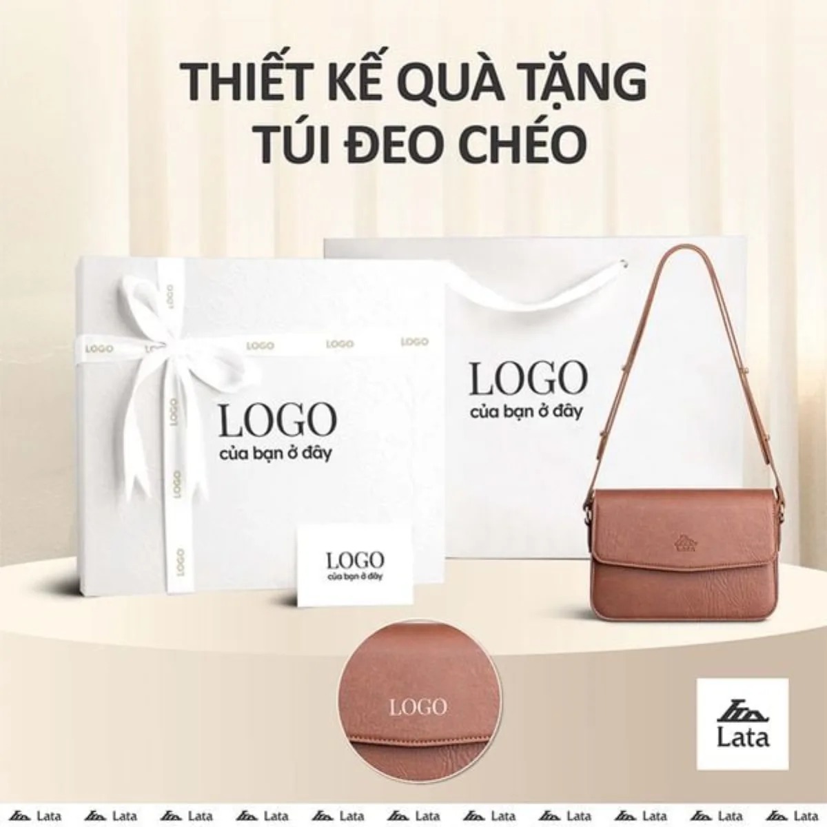 Bộ hộp quà trắng LATA (Túi đeo chéo nữ LATA HN111 + Hộp quà HQ2T + Túi giấy TG2T + Túi rút BVR3838 + Thiệp cảm ơn BT1)