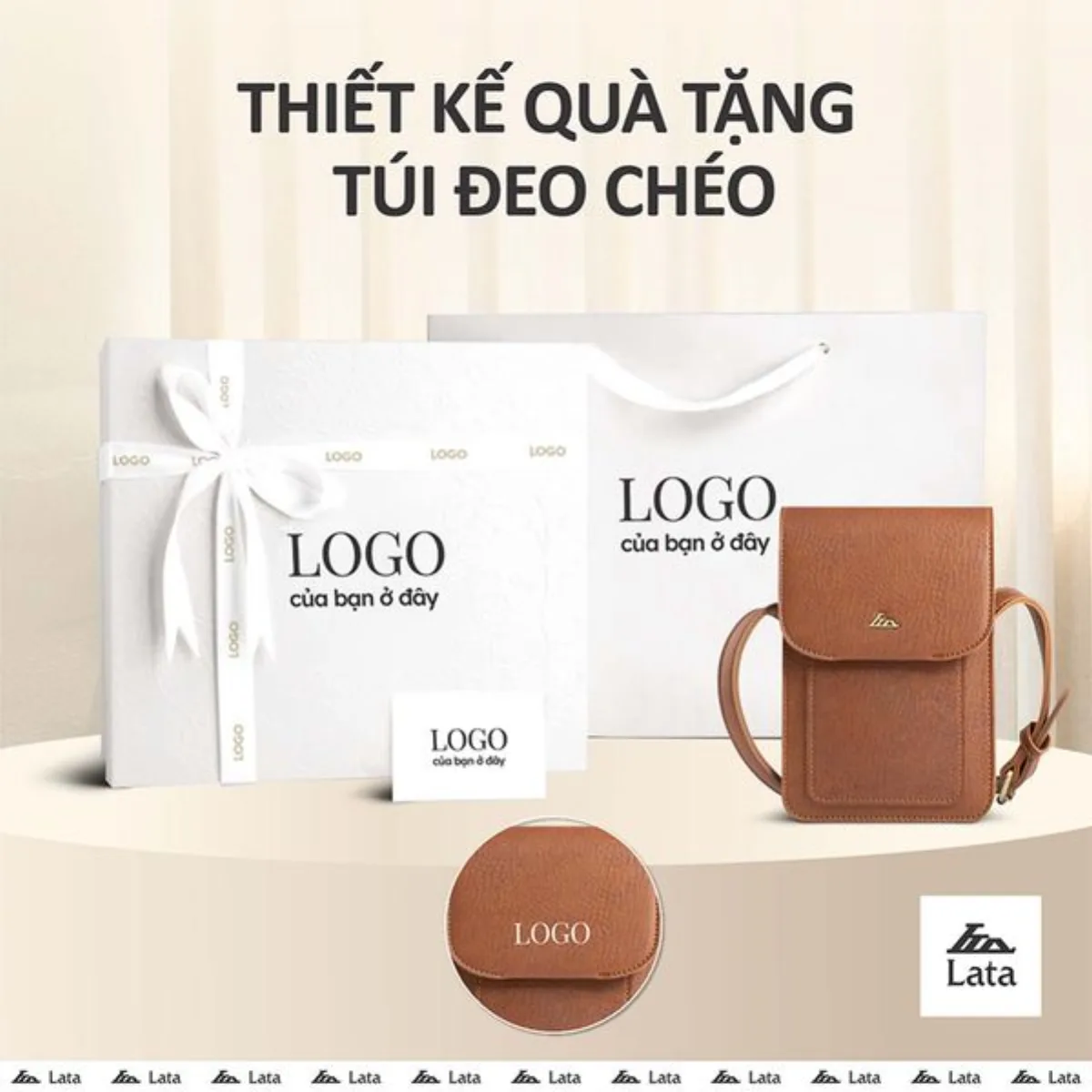 Bộ hộp quà trắng LATA (Túi đeo chéo nữ LATA HN130 + Hộp quà HQ2T + Túi giấy TG2T + Túi rút BVR3838 + Thiệp cảm ơn BT1)