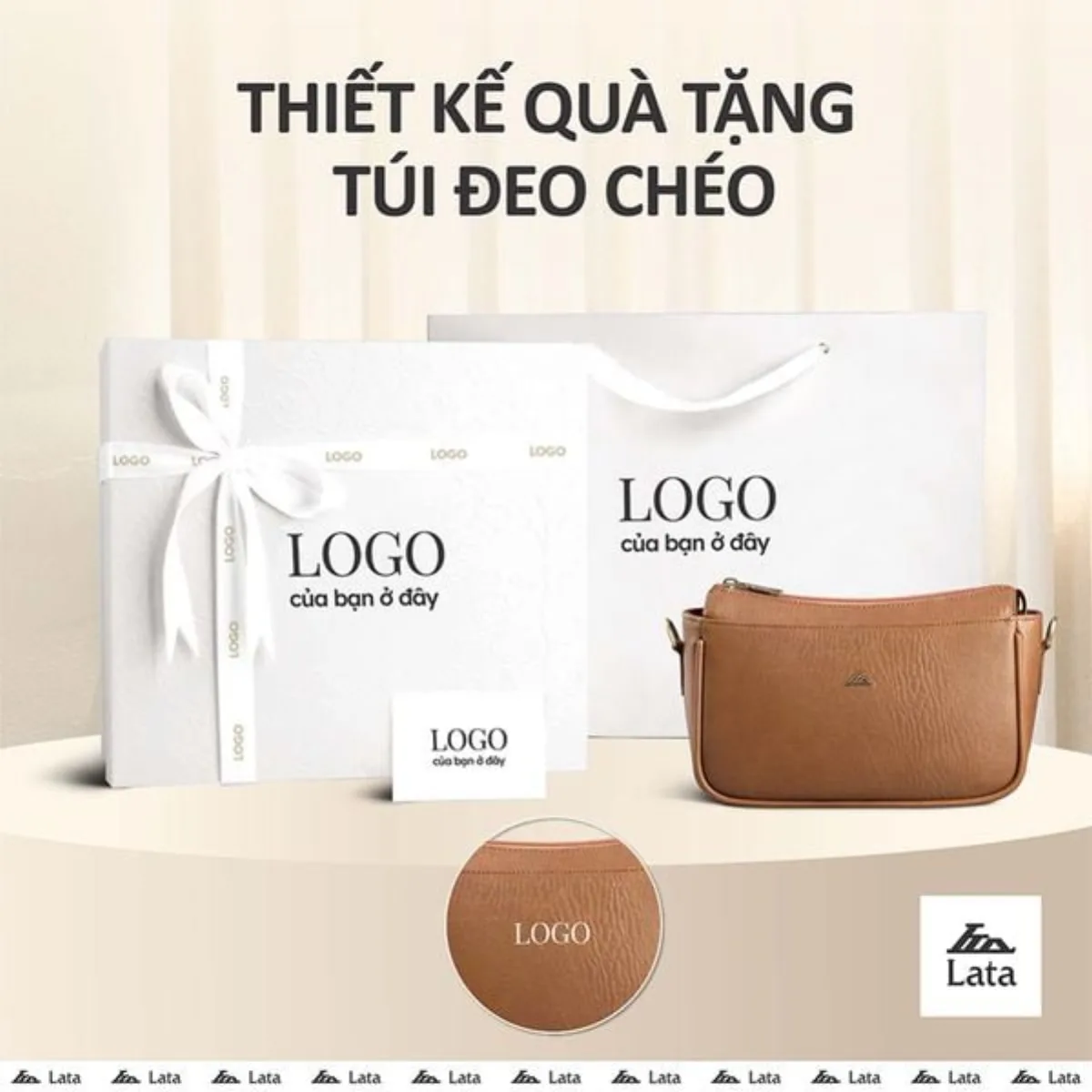 Bộ hộp quà trắng LATA (Túi đeo chéo nữ LATA HN116 + Hộp quà HQ2T + Túi giấy TG2T + Túi rút BVR3838 + Thiệp cảm ơn BT1)