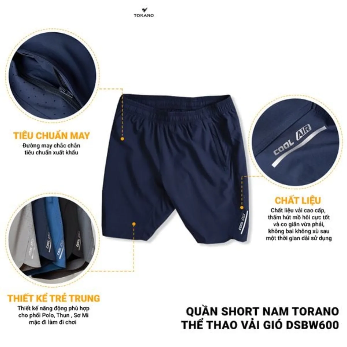 Quần short nam COOL AIR SHORTS TORANO thể thao vải gió, thoải mái, chuẩn phom, siêu nhẹ DSBW600