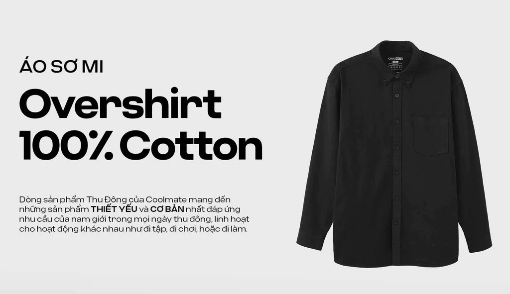 [MUA 2 GIẢM 5%][OUTLET - KHÔNG ĐỔI TRẢ]Áo sơ mi Overshirt 100% Cotton vải bền, thấm hút, giữ form tốT Coolmate
