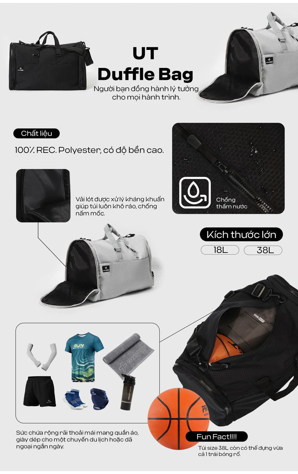 Túi UT Duffle size lớn 38L Chống thấm nước Coolmate