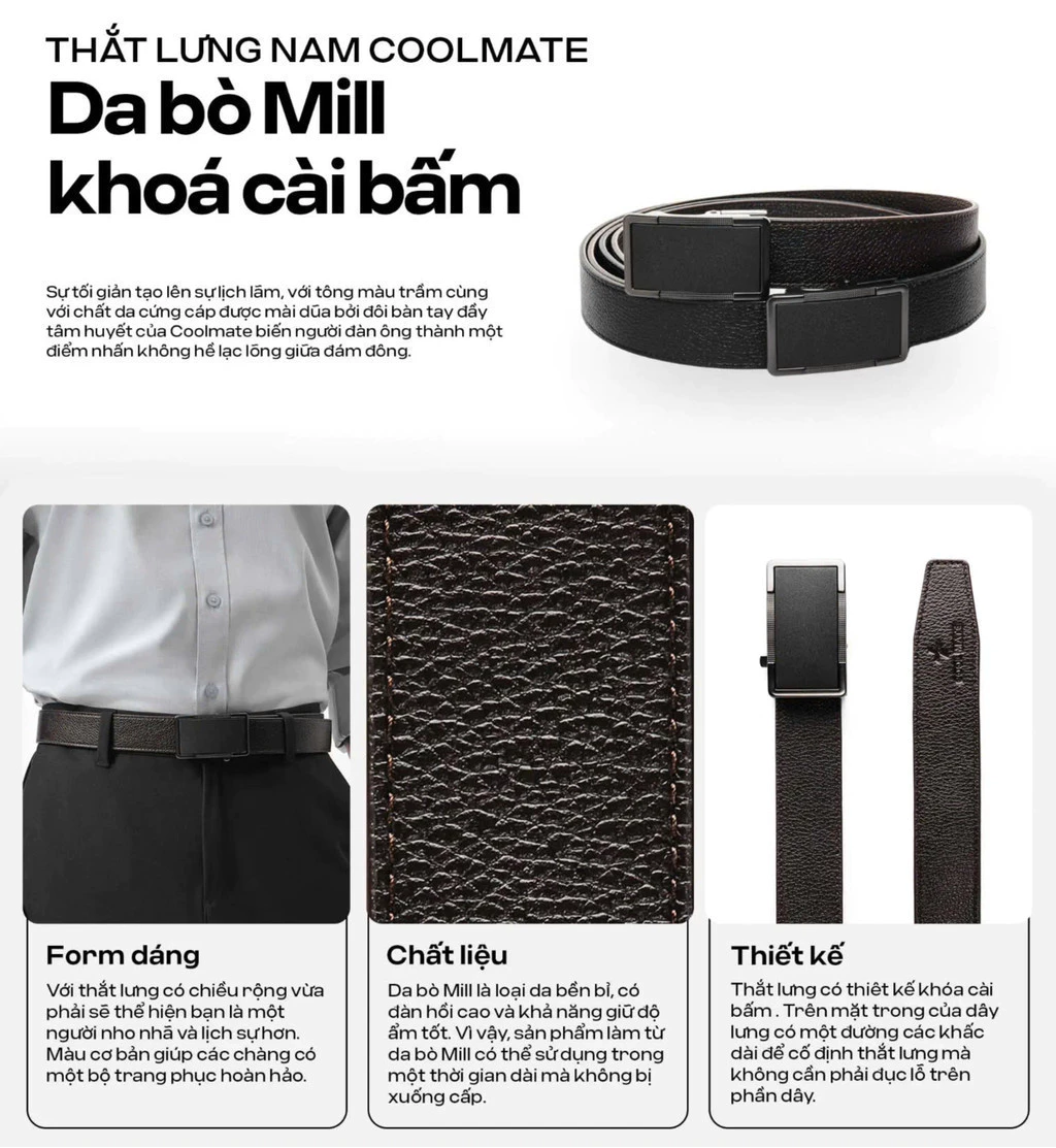 Thắt lưng nam Coolmate da bò Mill khoá gài bấm