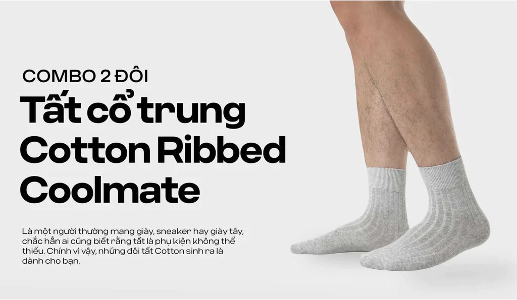 Combo 2 đôi Tất cổ trung Cotton Ribbed, Tất đeo giày tây mềm mại thoáng khí thấm hút mồ hôi tốt Coolmate