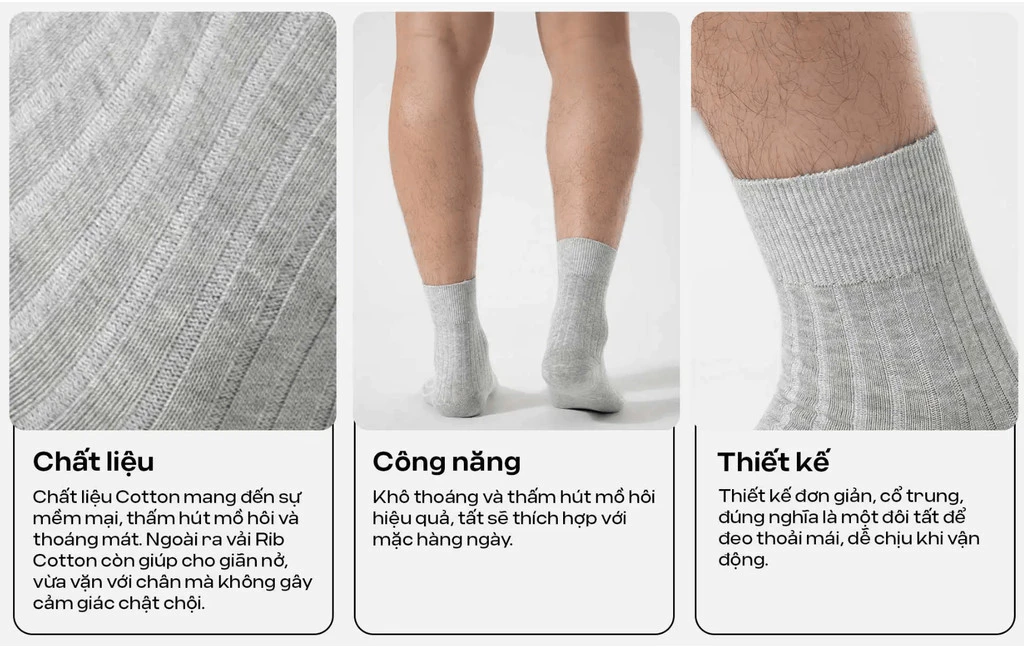 Combo 2 đôi Tất cổ trung Cotton Ribbed, Tất đeo giày tây mềm mại thoáng khí thấm hút mồ hôi tốt Coolmate