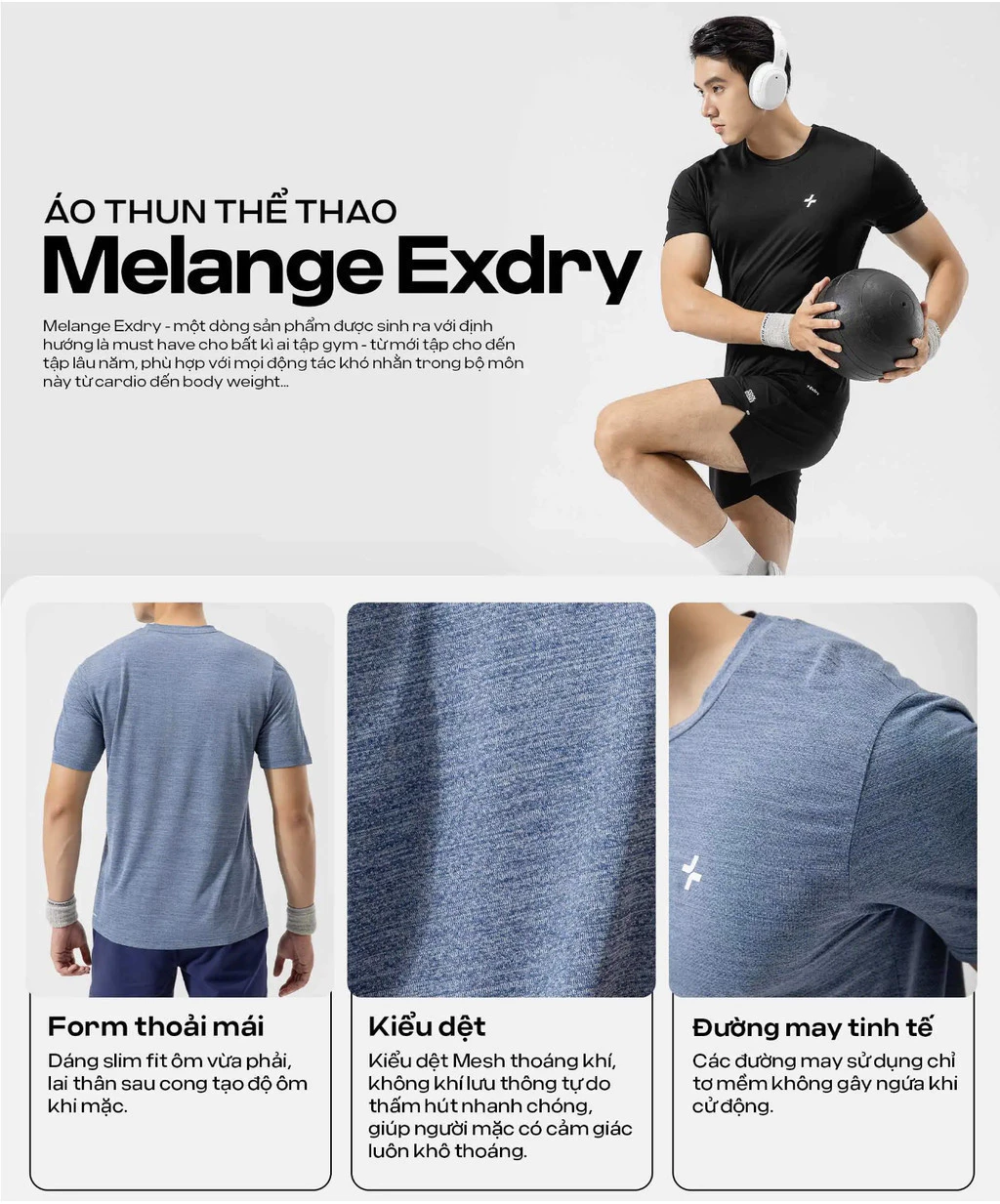 Áo thun thể thao Melange Exdry thấm hút khoáng khí nhanh khô, áo pickleball, tennis Coolmate
