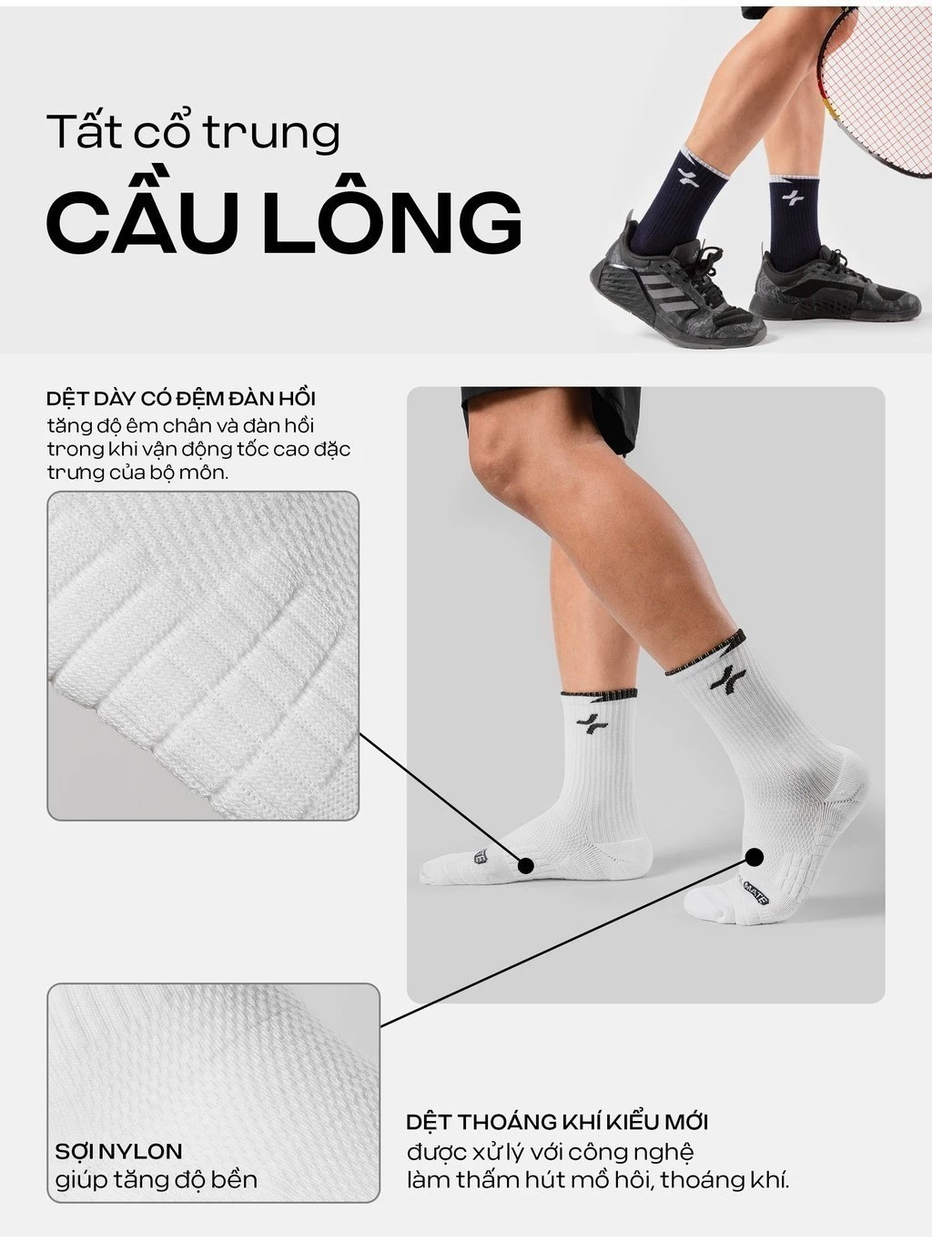 Tất Racquet Sport cổ trung hạn chế xù lông tất thể thao cầu lông, mềm mại thoải mái, thấm hút tốt Coolmate