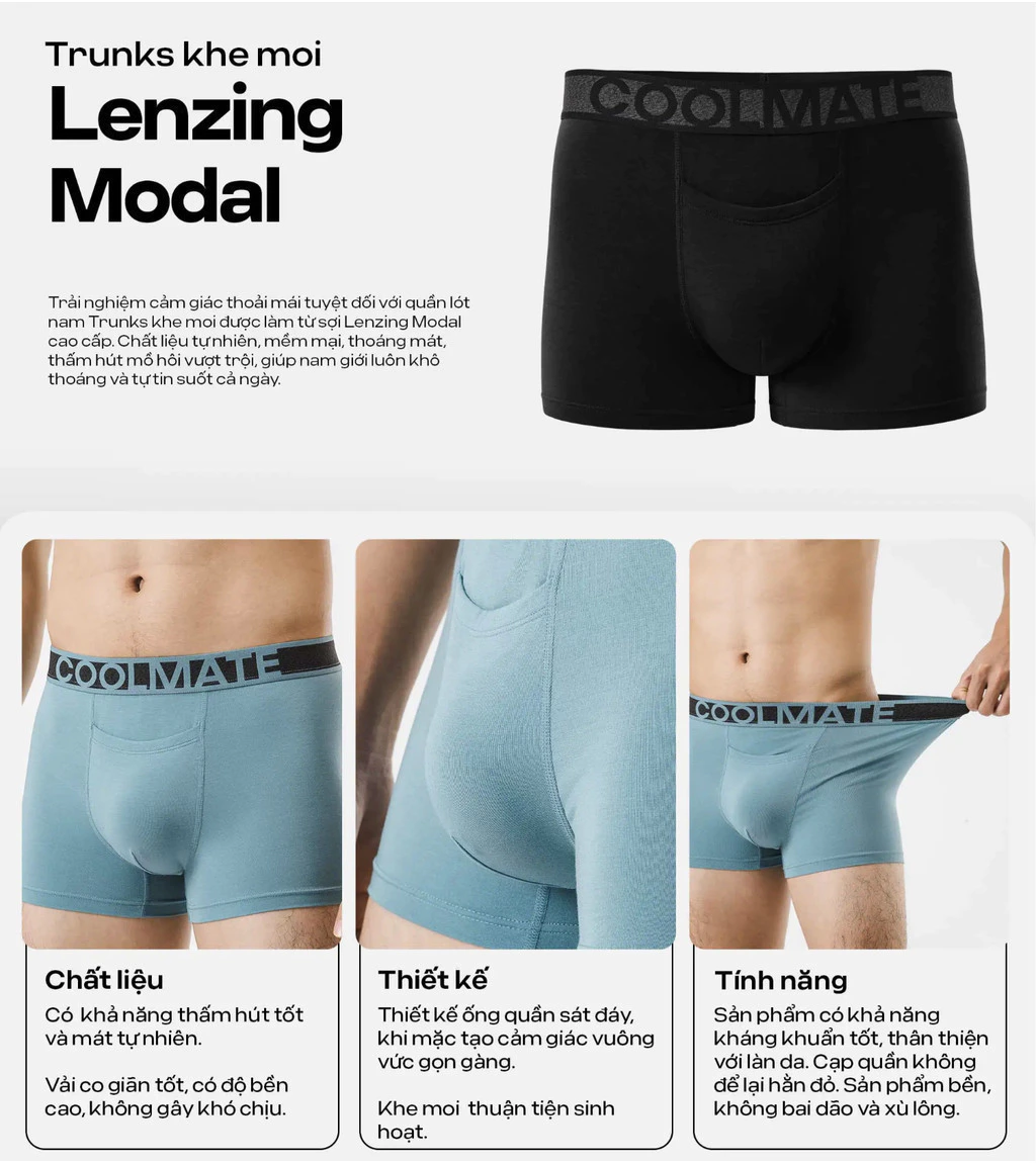 Combo 3 Quần Lót Trunks khe moi Lenzing Modal vải êm mềm mịn Coolmate
