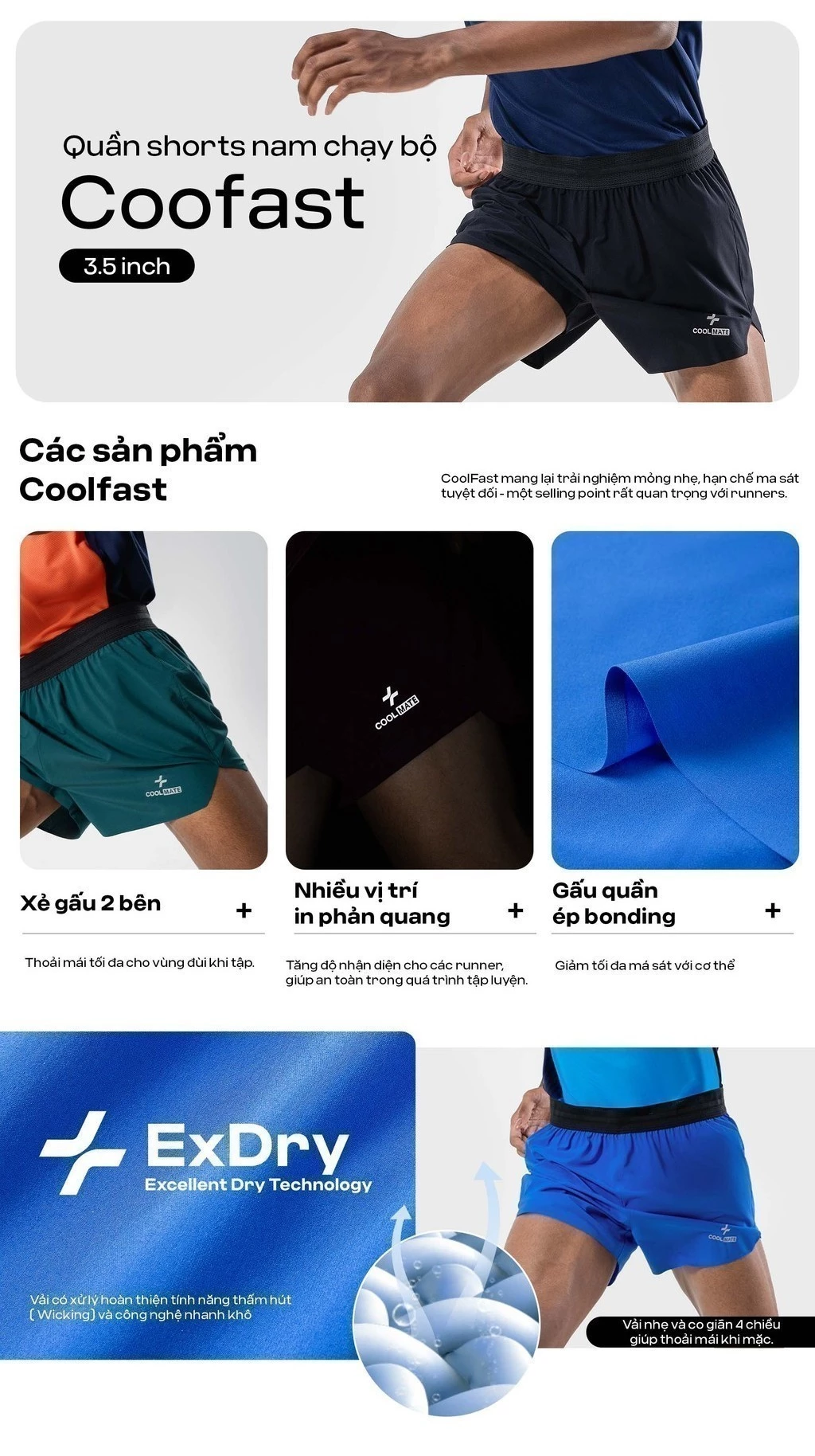 Quần short nam thể thao chạy bộ CoolFast không đường may 3.5 inch siêu nhẹ, thoáng khí Coolmate