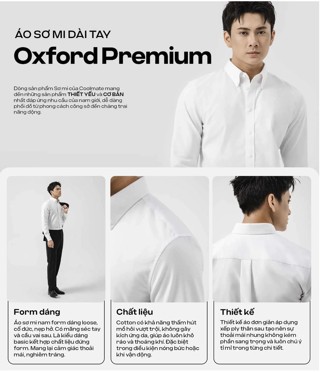 [TẶNG TẤT COTTON]Áo sơ mi nam dài tay Oxford Premium mềm mại chống nhăn, Áo đi làm đi chơi dạo phố Coolmate