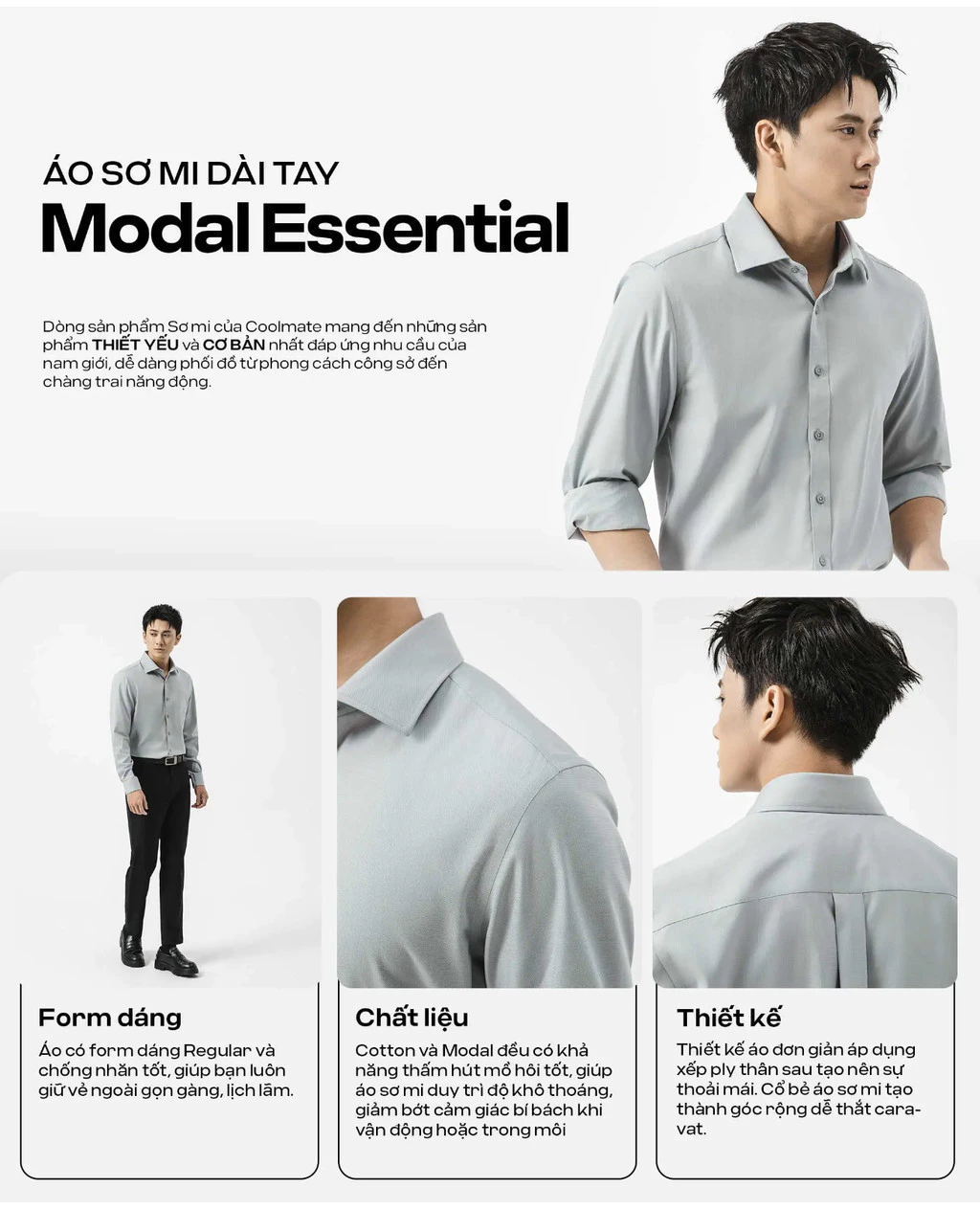 [TẶNG TẤT COTTON]Áo sơ mi nam dài tay Modal Essential mềm mại, thoáng khí Áo đi làm đi chơi dạo phố Coolmate