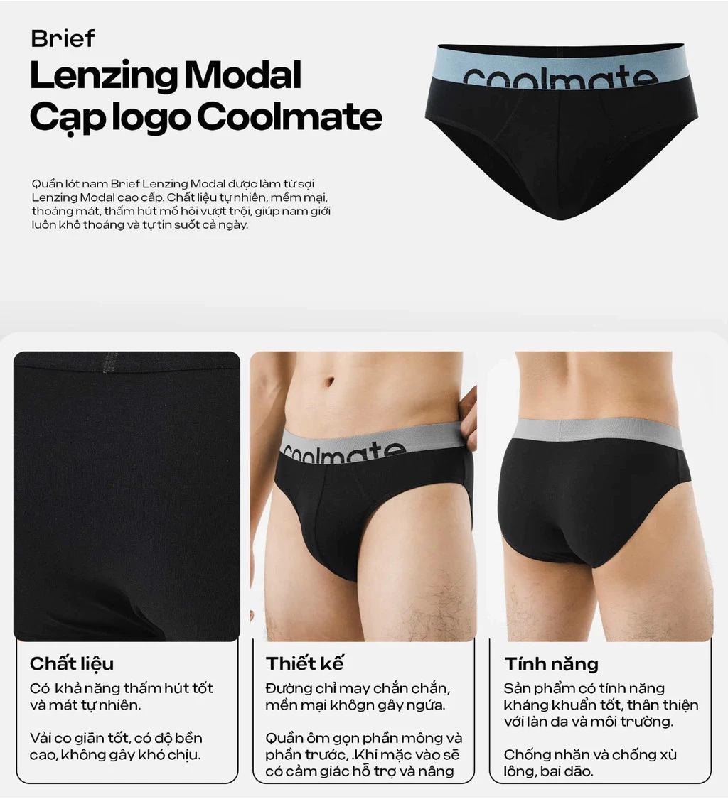 [MUA 3 TẶNG 1 QUẦN LÓT BẤT KÌ]Combo 3 quần lót brief tam giác Lenzing Modal cạp logo hút ẩm co giãn tốt Coolmate