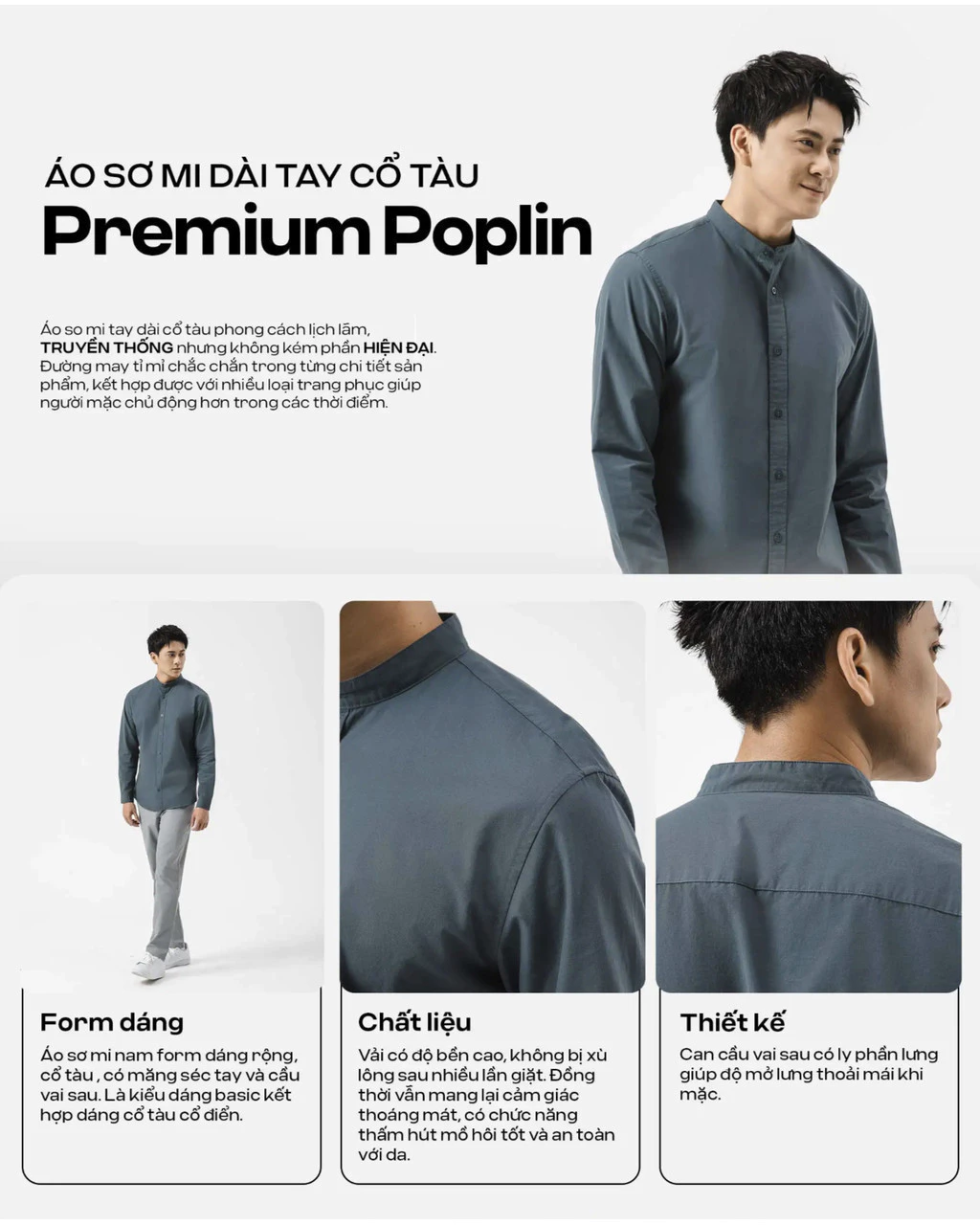 [TẶNG TẤT COTTON]Áo sơ mi nam dài tay cổ tàu Premium Poplin thoáng khí không xù lông Coolmate