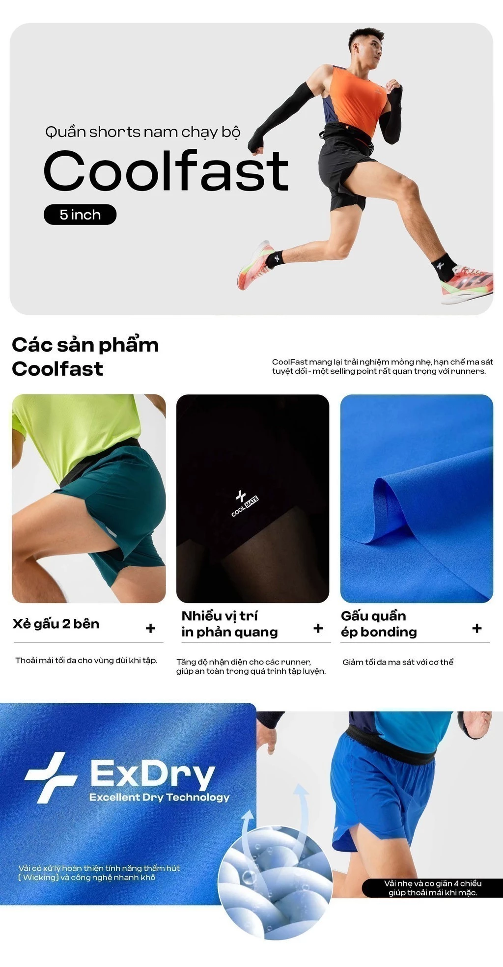 Quần shorts nam thể thao chạy bộ CoolFast 5inch không đường may giảm ma sát Coolmate