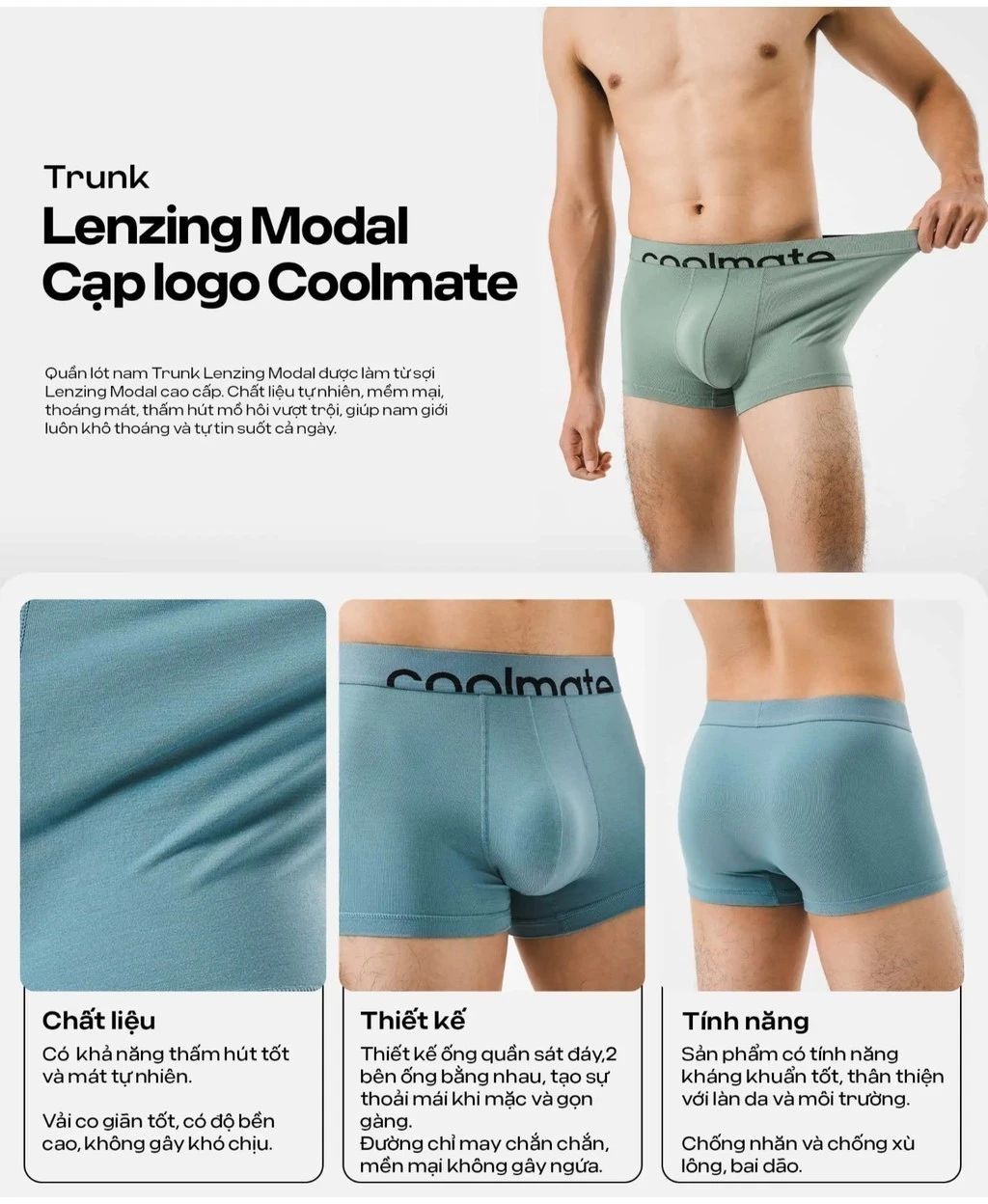 [Tặng kèm 1 brief bamboo] Combo 4 quần lót trunk lenzing modal cạp logo Coolmate