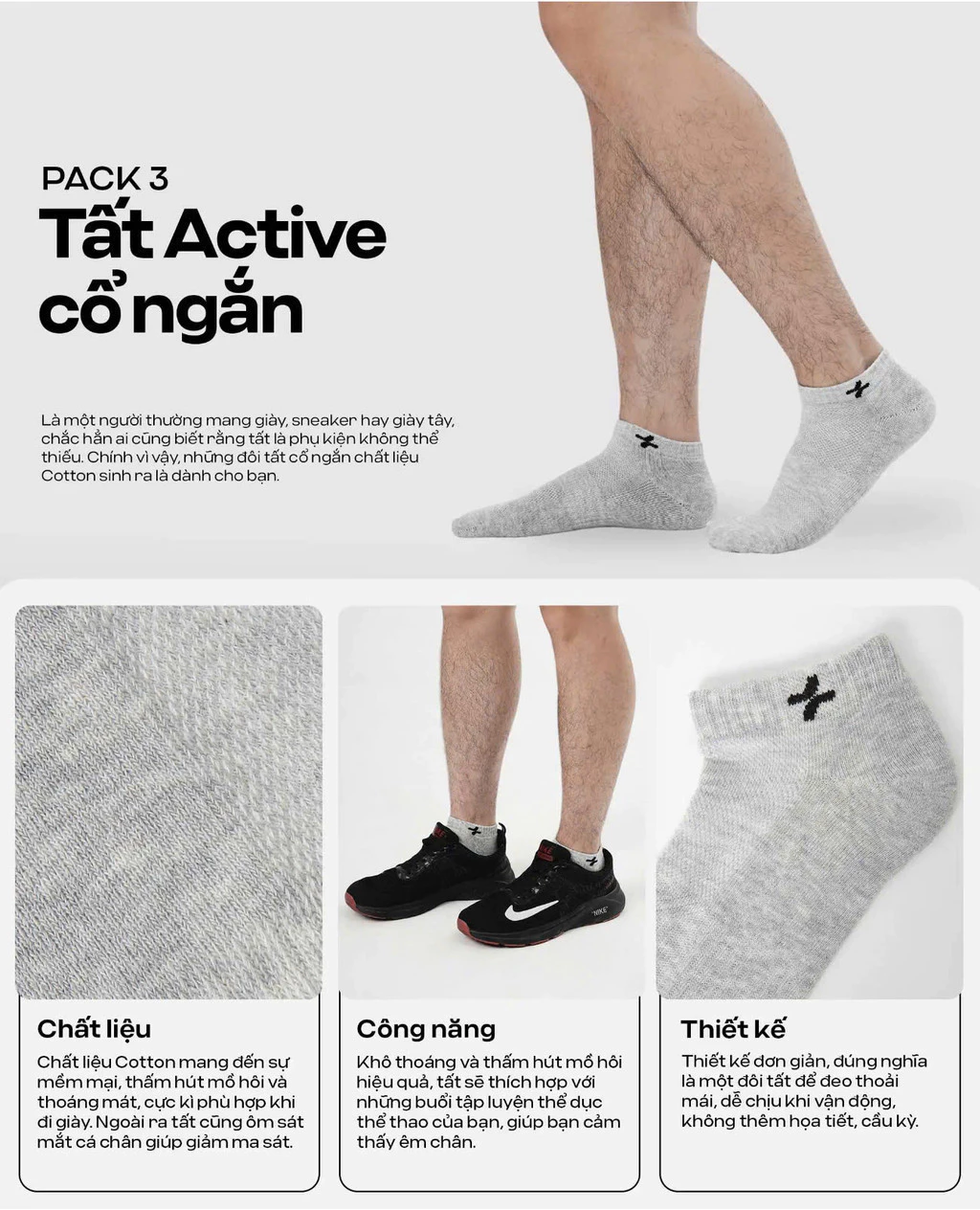 Pack 3 tất vớ active cổ ngắn mềm mại thoáng khí Coolmate [Không đổi trả]