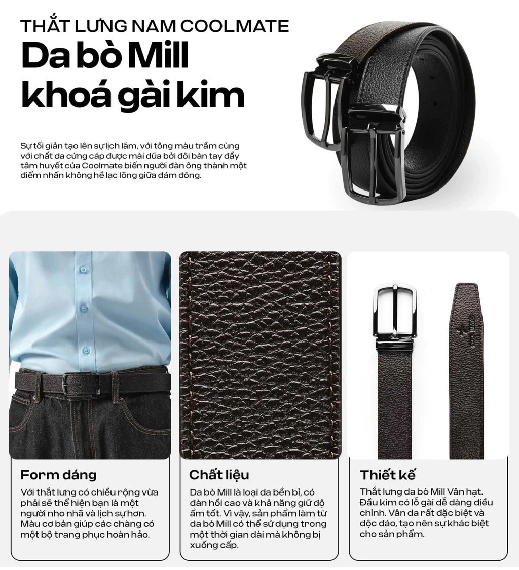 [MUA 2 GIẢM 5%]Thắt lưng nam Coolmate da bò Mill khoá gài kim