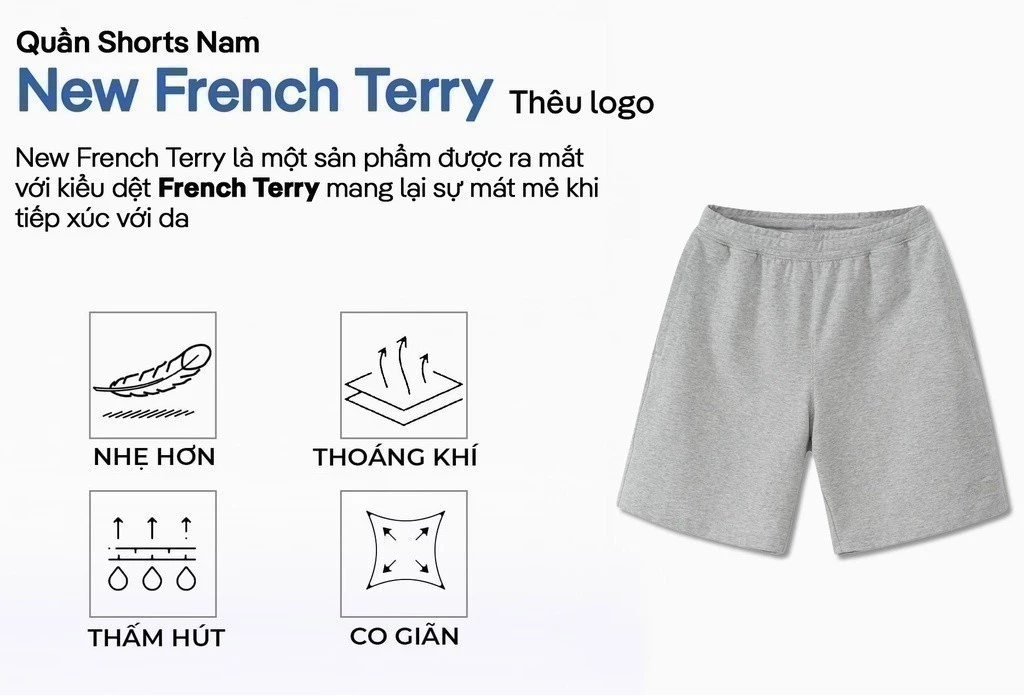 Quần đùi cotton, quần Short Nam New French Terry V2 co giãn cạp chun có khoá kéo Coolmate