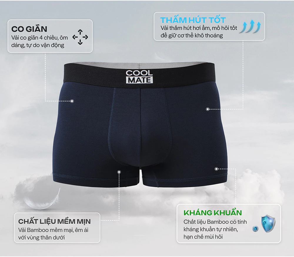 Combo 3 quần lót nam dáng Trunk Bamboo mềm mại, kháng khuẩn, thấm hút tốt Coolmate