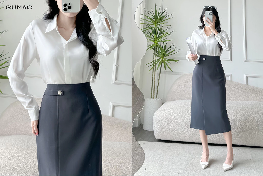 [MUA 2 GIẢM 80K] Áo Sơ Mi Nữ Tay Dài GUMAC Áo Kiểu Công Sở Lụa Trơn Basic Cơ Bản Nẹp Đôi Giấu Nút BAE00003