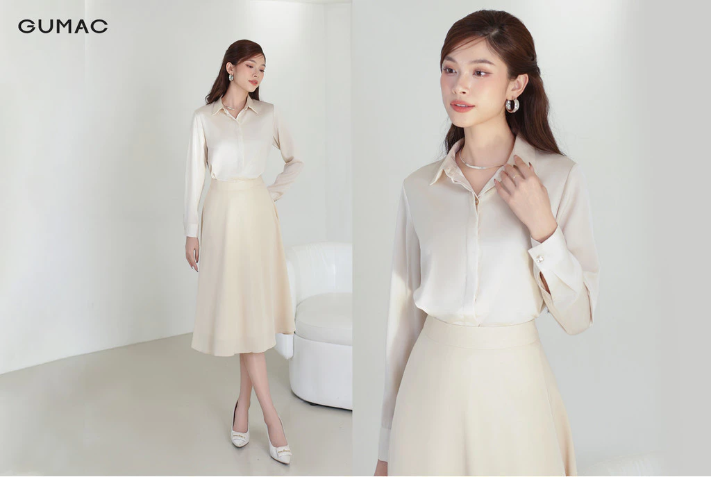[MUA 2 GIẢM 80K] Áo Sơ Mi Nữ Tay Dài GUMAC Áo Kiểu Công Sở Lụa Trơn Basic Cơ Bản Nẹp Đôi Giấu Nút BAE00003