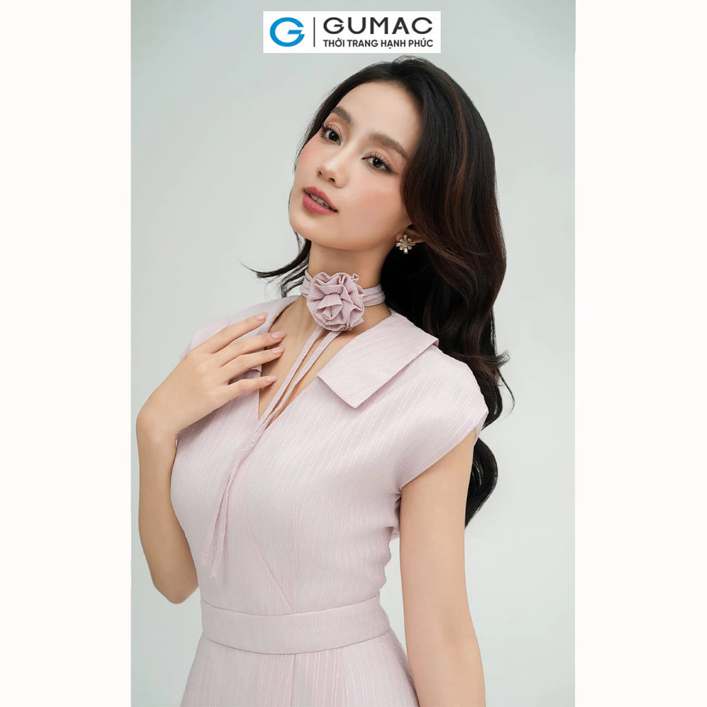 Đầm nữ GUMAC A xòe đắp chéo phối dây hoa voan gân thêu mềm nhẹ  DE05047