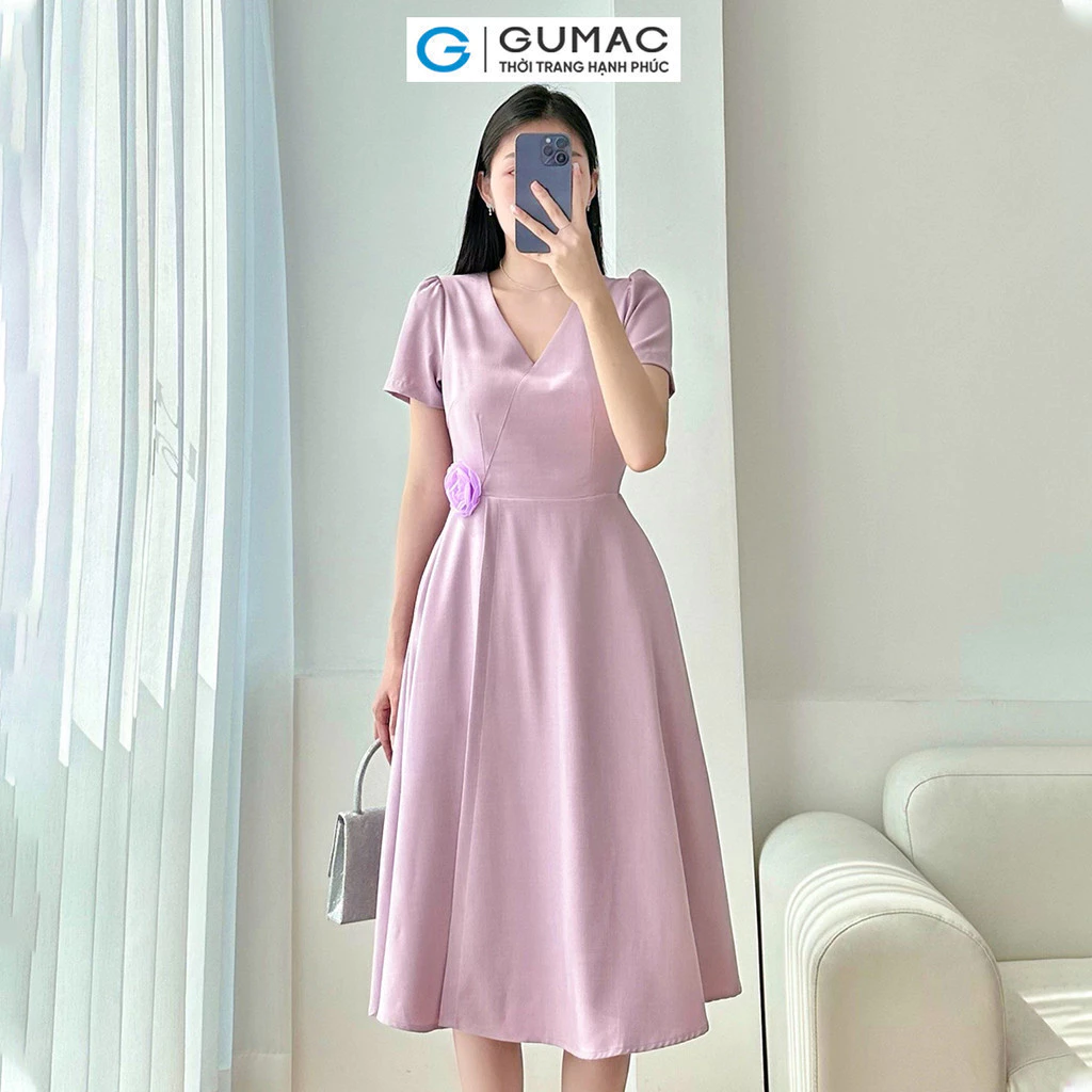 Đầm nữ GUMAC A xòe cổ tim đính hoa hồng tím nữ GUMAC tính thanh lịch DE03017