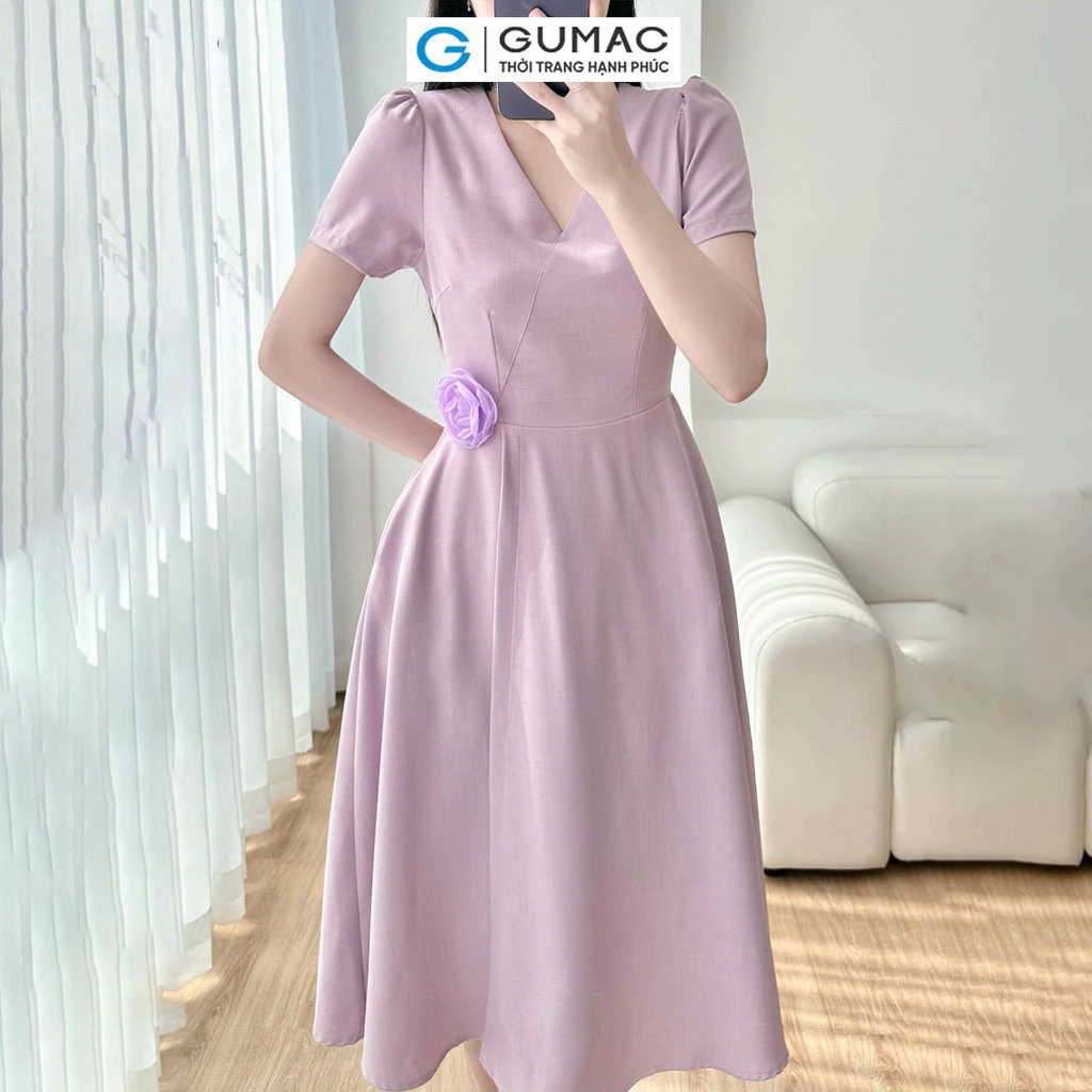 Đầm nữ GUMAC A xòe cổ tim đính hoa hồng tím nữ GUMAC tính thanh lịch DE03017