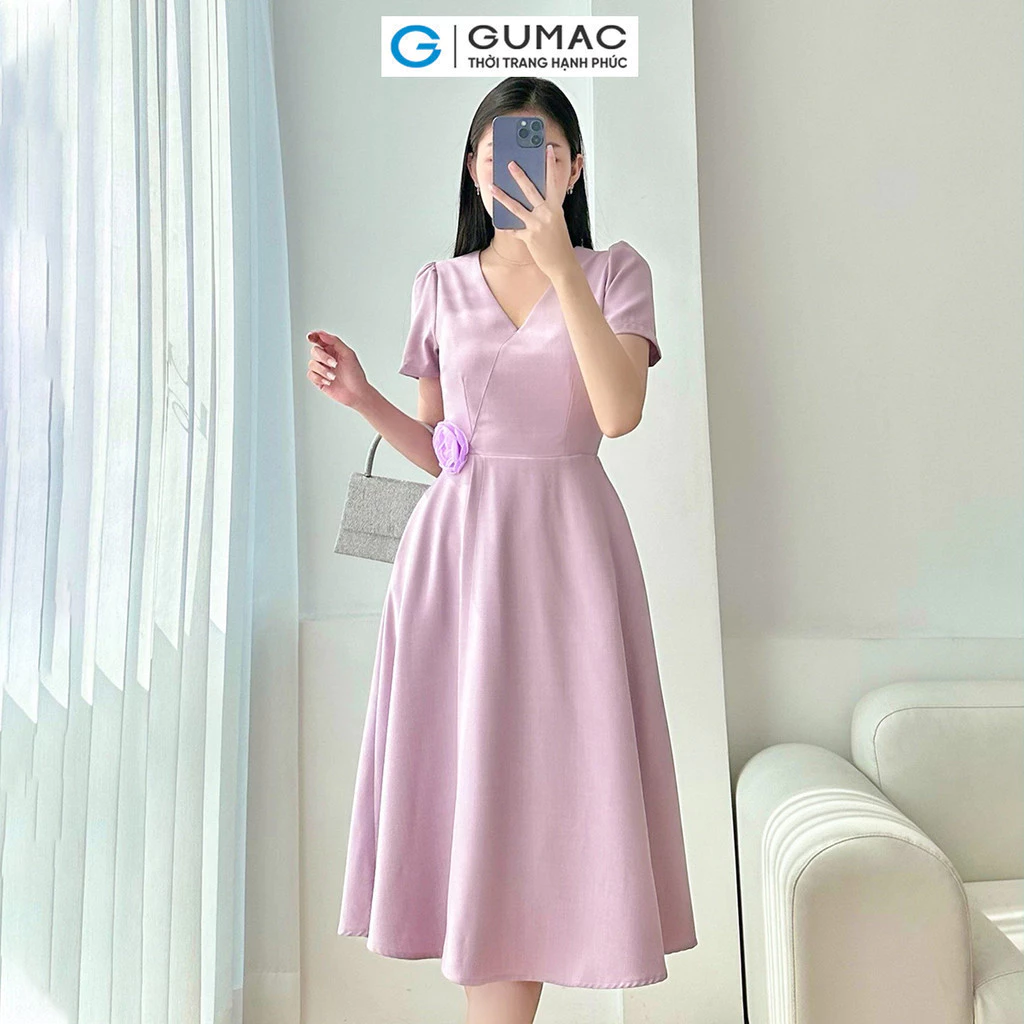 Đầm nữ GUMAC A xòe cổ tim đính hoa hồng tím nữ GUMAC tính thanh lịch DE03017