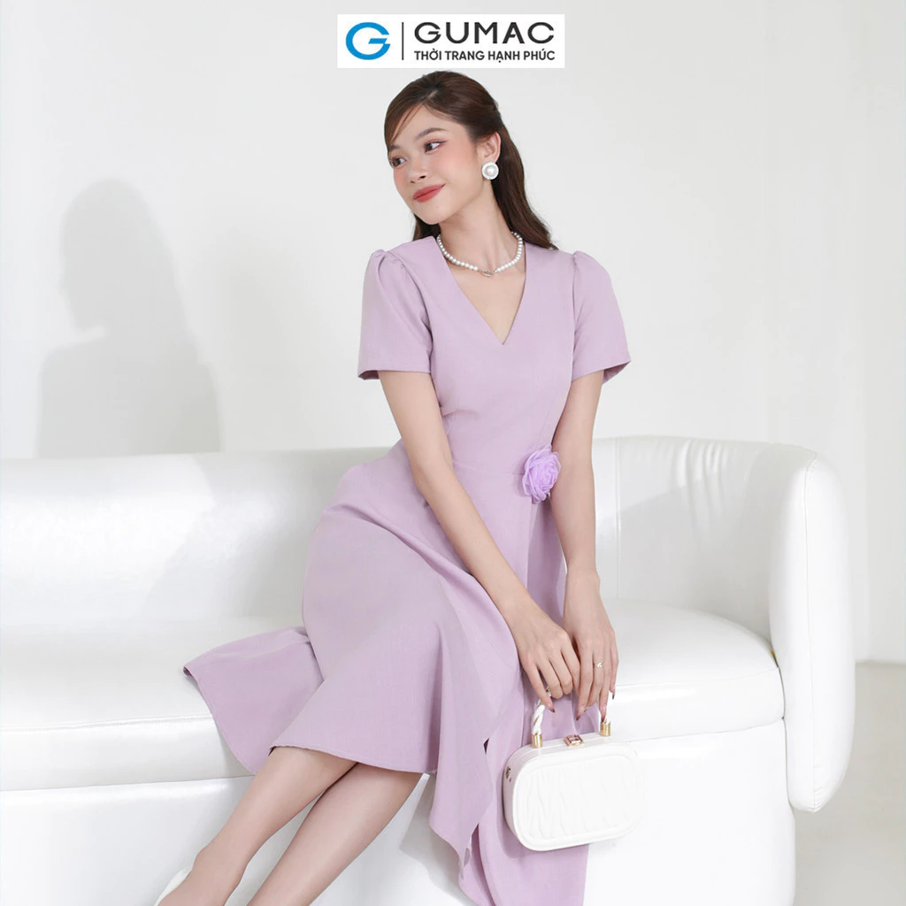 Đầm nữ GUMAC A xòe cổ tim đính hoa hồng tím nữ GUMAC tính thanh lịch  DE03017