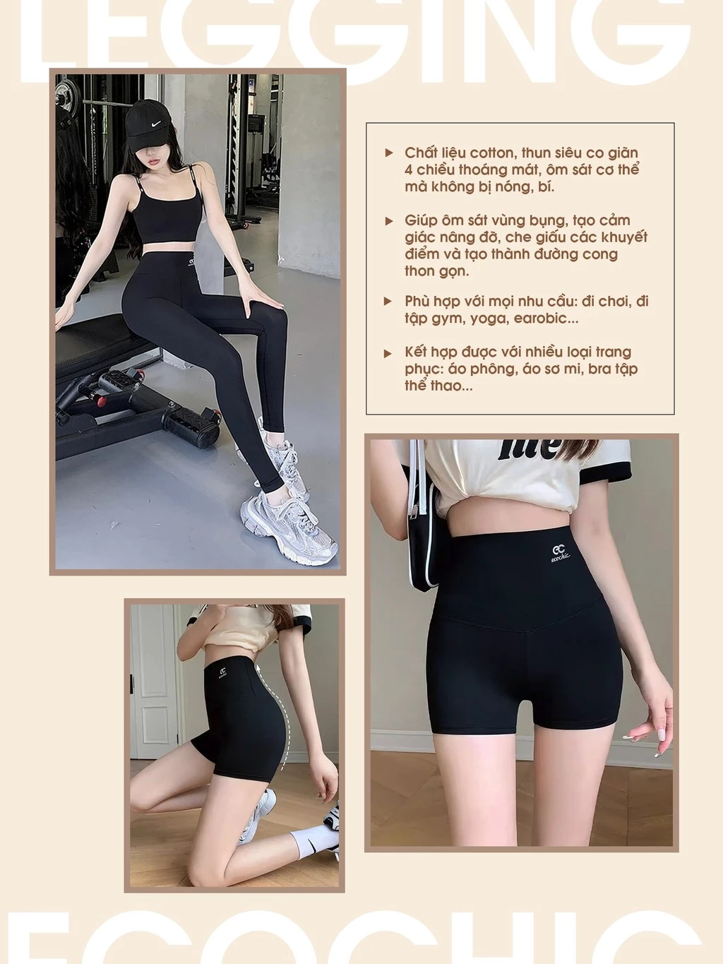 Quần Legging Đùi ECOCHIC A687 Nữ Dài Ngố Cạp Cao Gen Bụng Tập Gym Yoga Su Đúc Nâng Mông New
