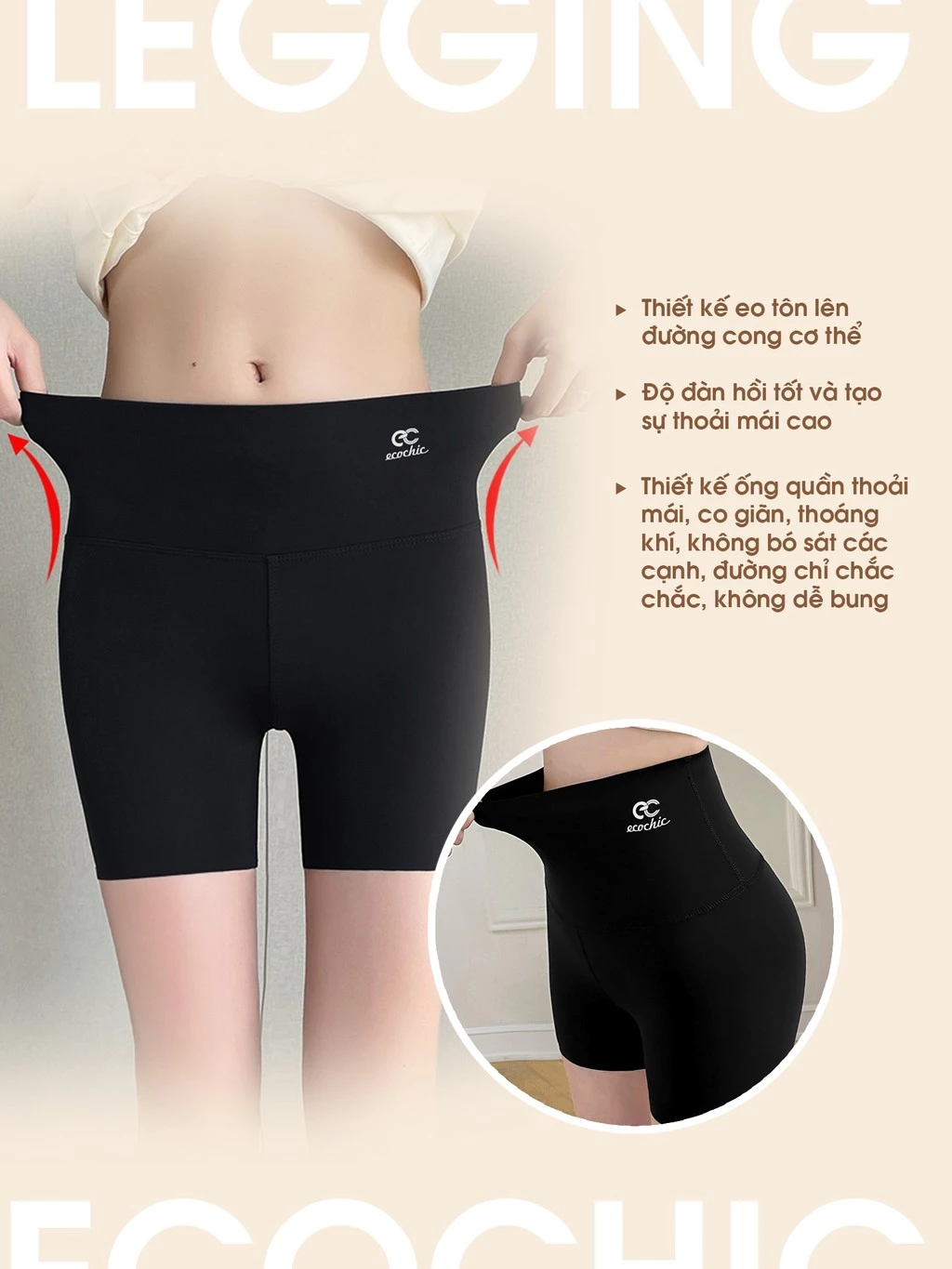 Quần legging ngố ECOCHIC nữ cạp cao gen bụng tập gym yoga chất liệu su đúc định hình nâng mông A688