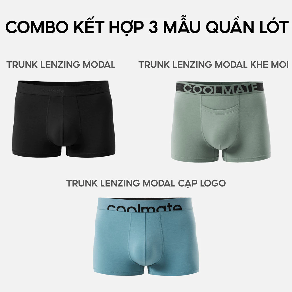 Combo 3 quần lót nam Trunk Lenzing Modal cạp logo + khe moi kháng khuẩn, thấm hút tốt Coolmate